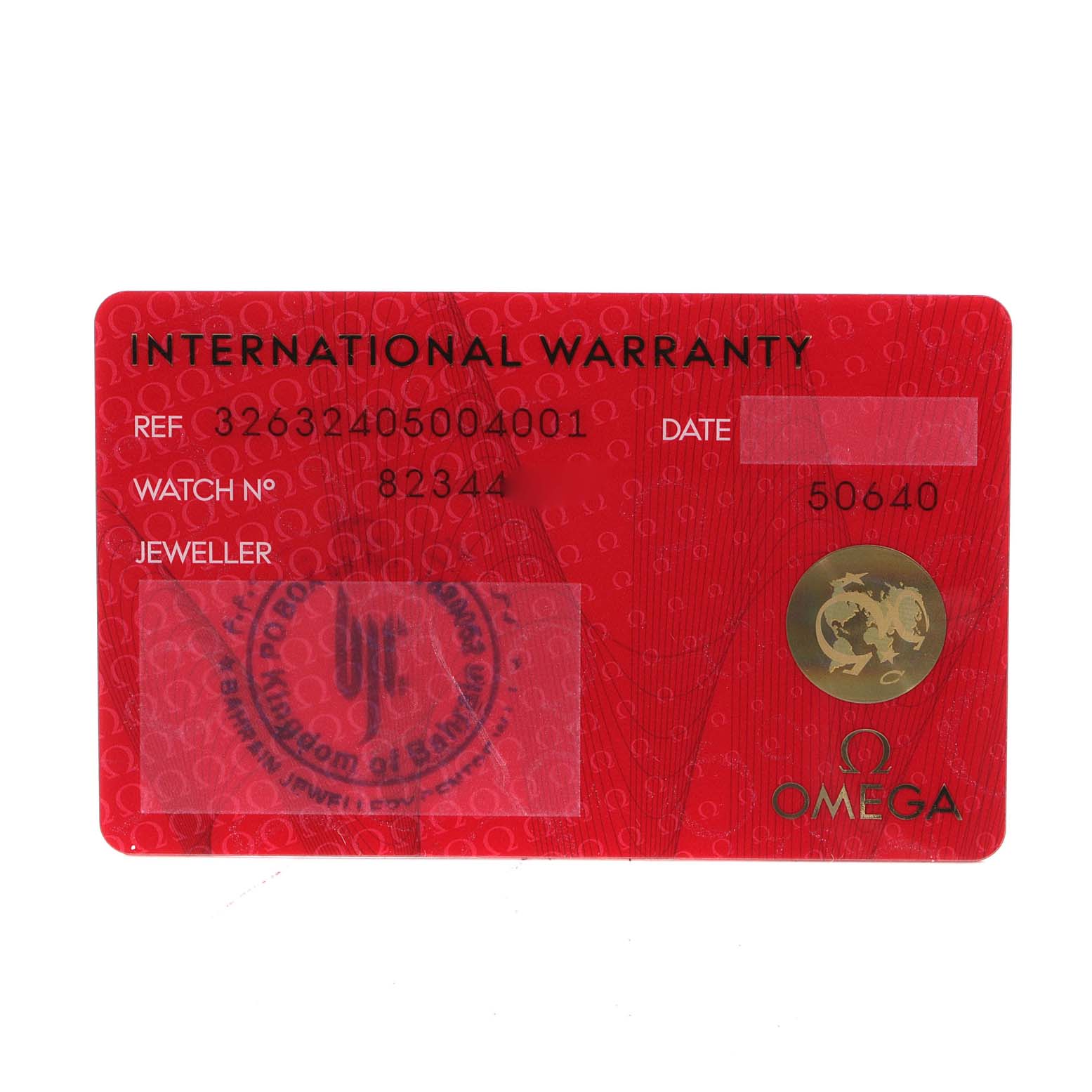 The image shows an Omega Speedmaster 326.32.40.50.04.001 Men
s Stainless Steel White Dial 326.32.40.50.04.001 Men
s Stainless Steel White Dial model international warranty card from a straight-on angle.