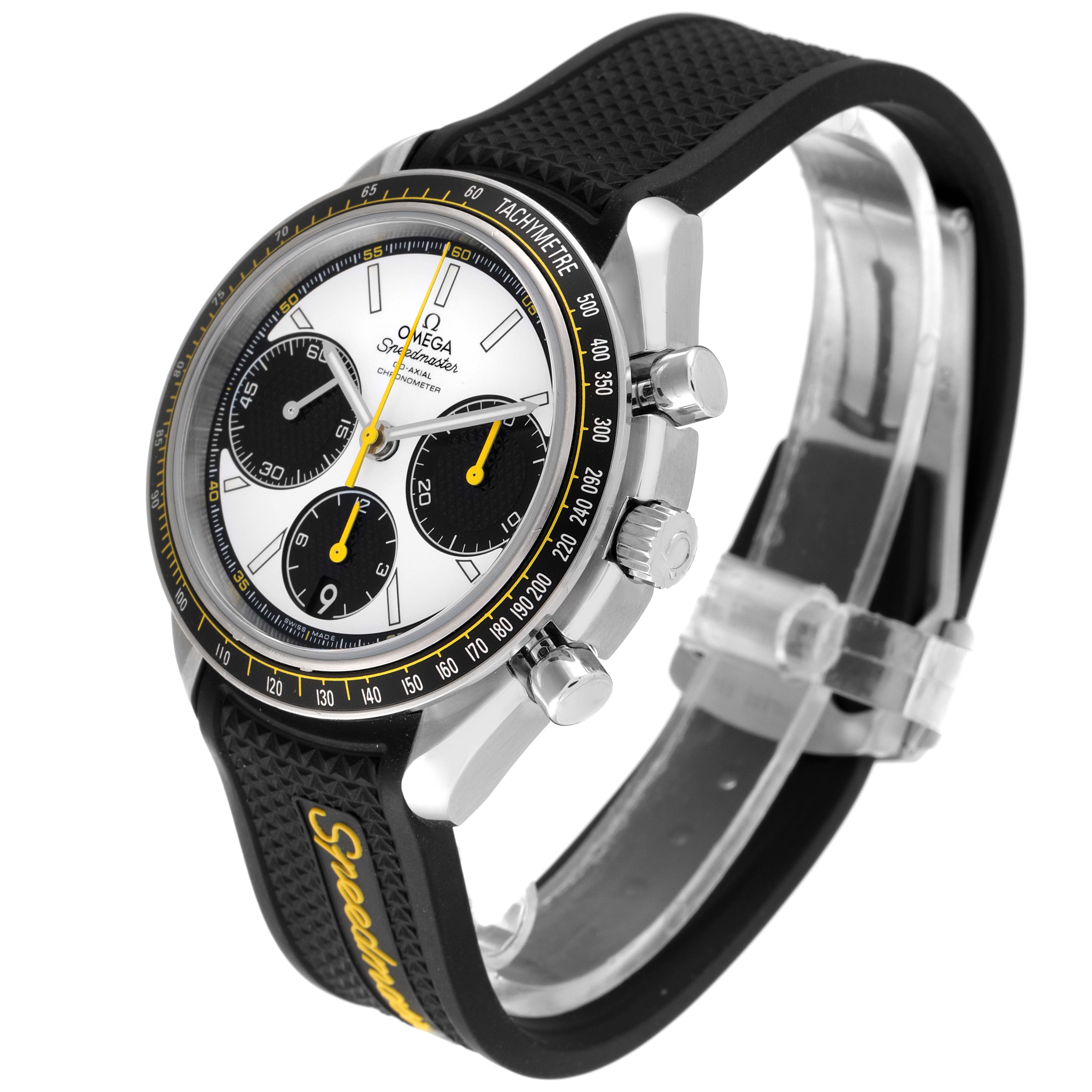 The image shows an Omega Speedmaster 326.32.40.50.04.001 Men
s Stainless Steel White Dial 326.32.40.50.04.001 Men
s Stainless Steel White Dial watch at a three-quarter view, highlighting the dial, crown, pushers, and strap.