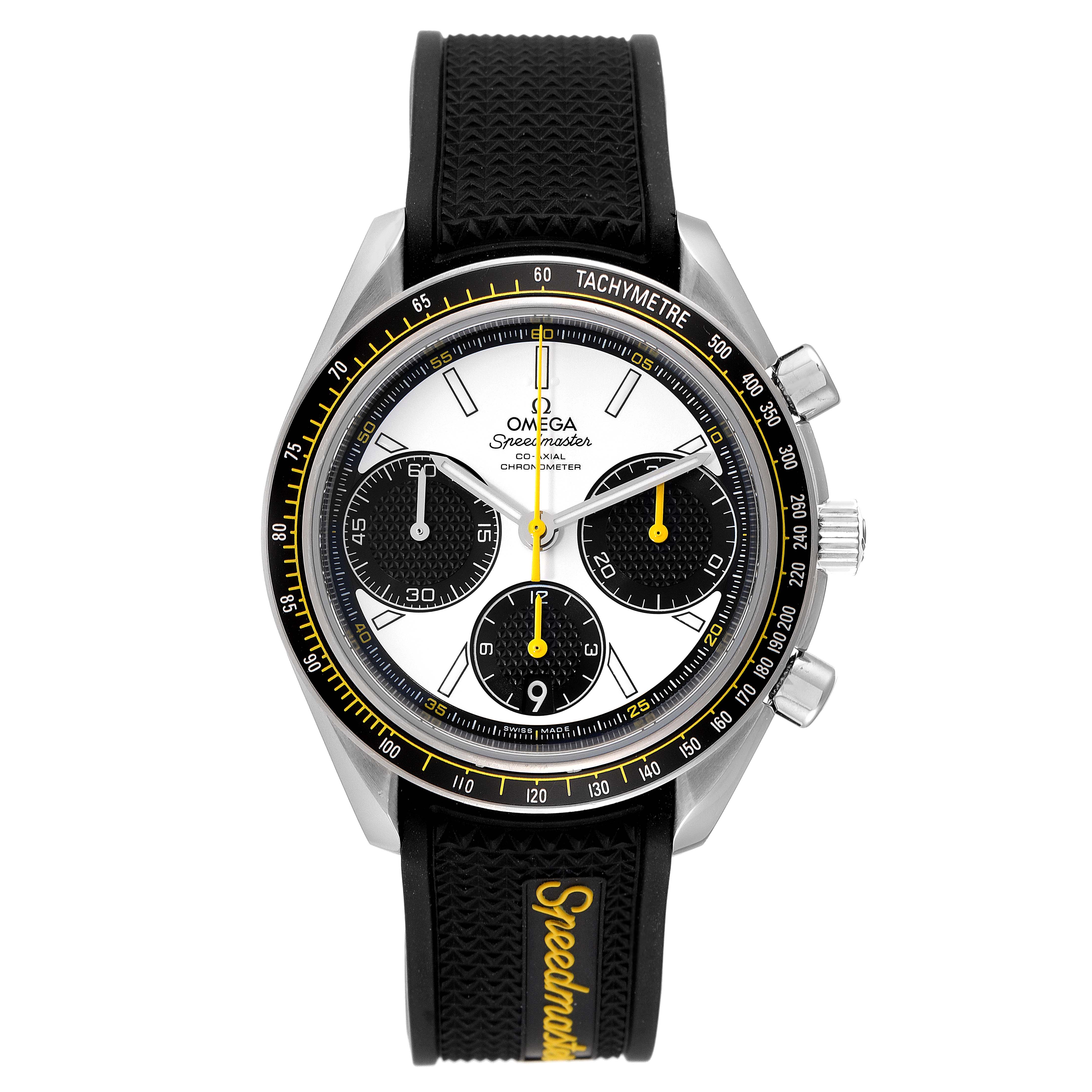 This image shows a front view of the Omega Speedmaster 326.32.40.50.04.001 Men
s Stainless Steel White Dial 326.32.40.50.04.001 Men
s Stainless Steel White Dial watch, highlighting its dial, subdials, and tachymeter bezel.