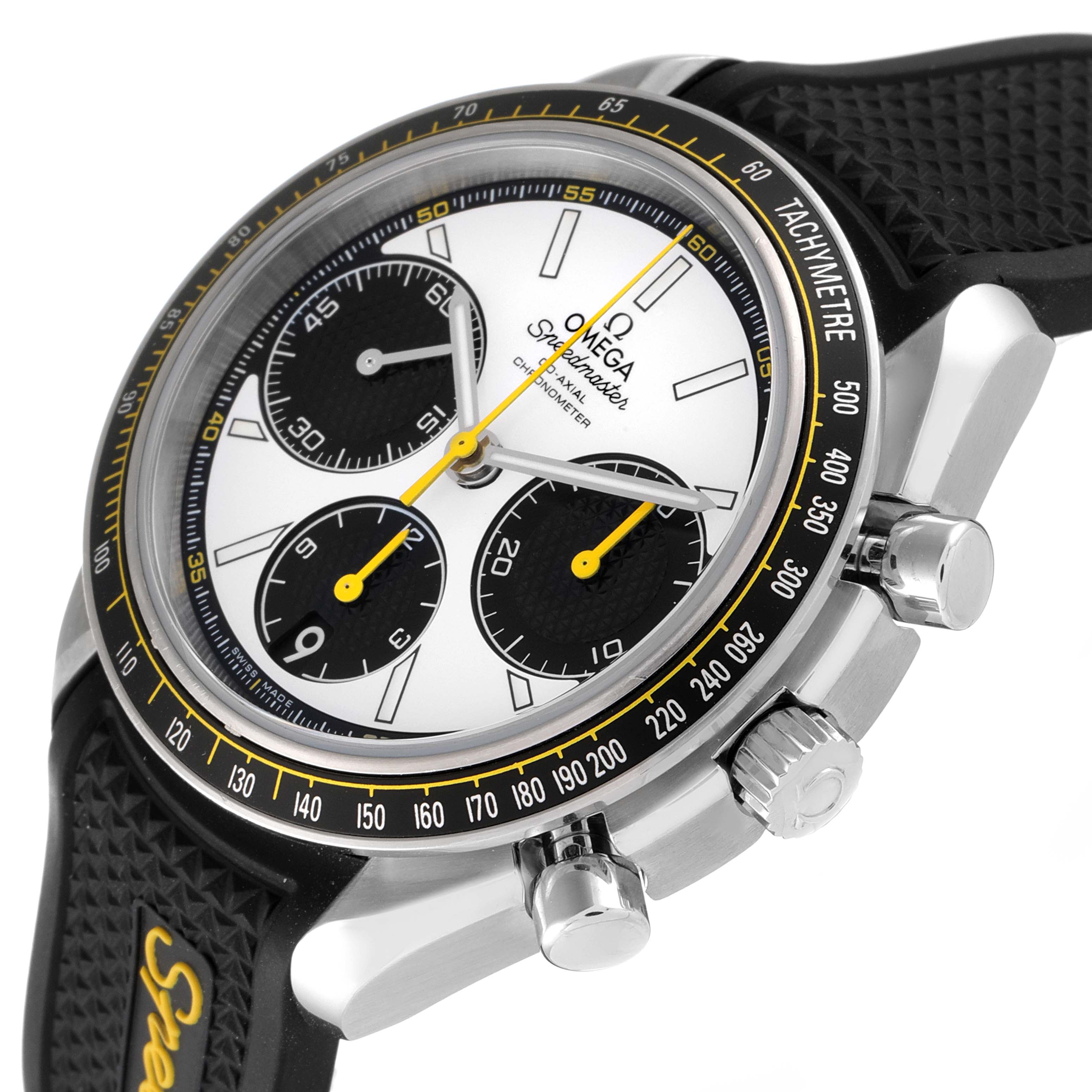 This image shows a close-up of the Omega Speedmaster 326.32.40.50.04.001 Men
s Stainless Steel White Dial 326.32.40.50.04.001 Men
s Stainless Steel White Dial watch at a three-quarter angle, highlighting the dial, bezel, and pushers.