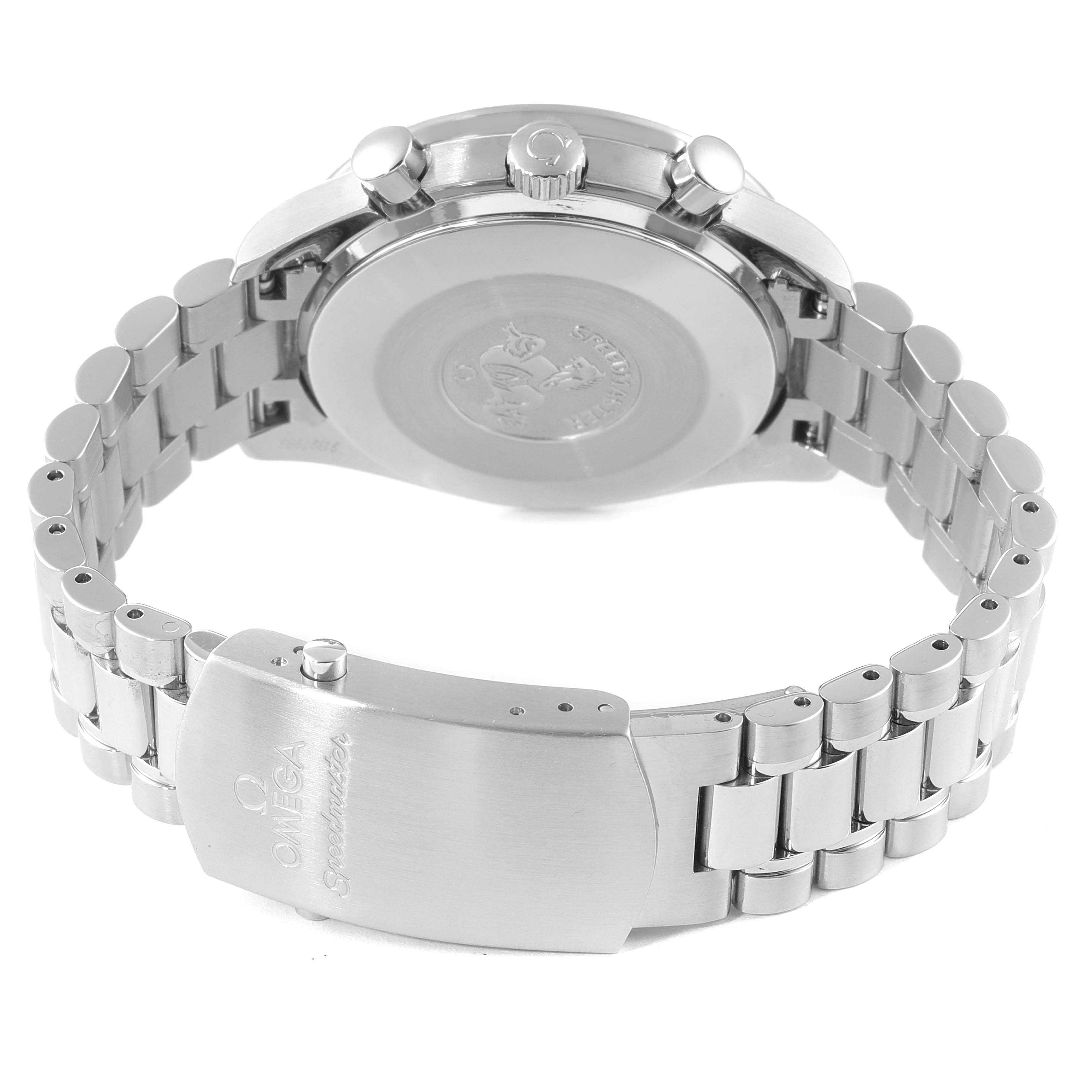 The image shows the back view of an Omega Speedmaster 3539.50.00 Men
s Stainless Steel Black Dial 3539.50.00 Men
s Stainless Steel Black Dial watch, highlighting the clasp and case back.