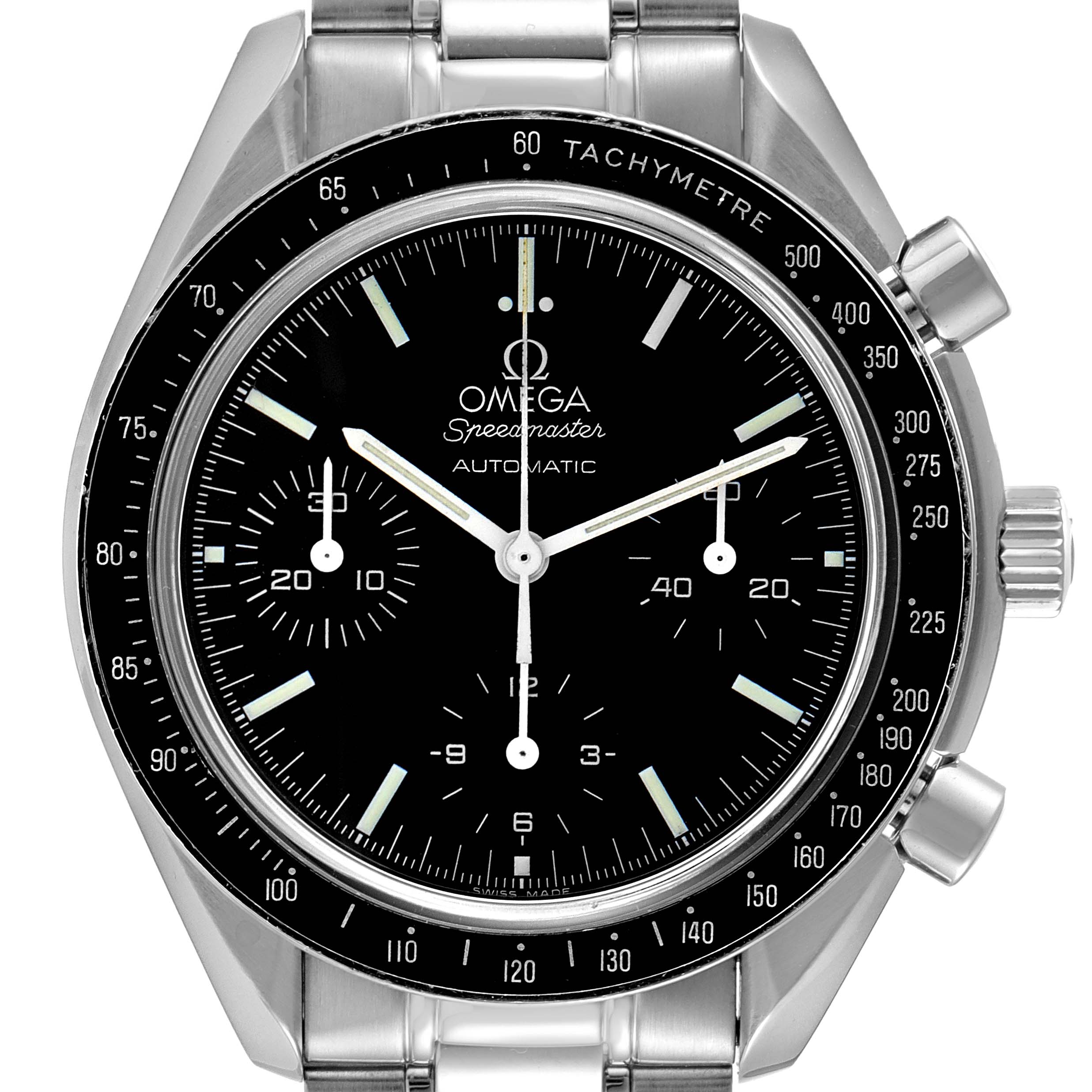 This image shows a front view of the Omega Speedmaster 3539.50.00 Men
s Stainless Steel Black Dial 3539.50.00 Men
s Stainless Steel Black Dial watch, highlighting its dial, bezel, and pushers.