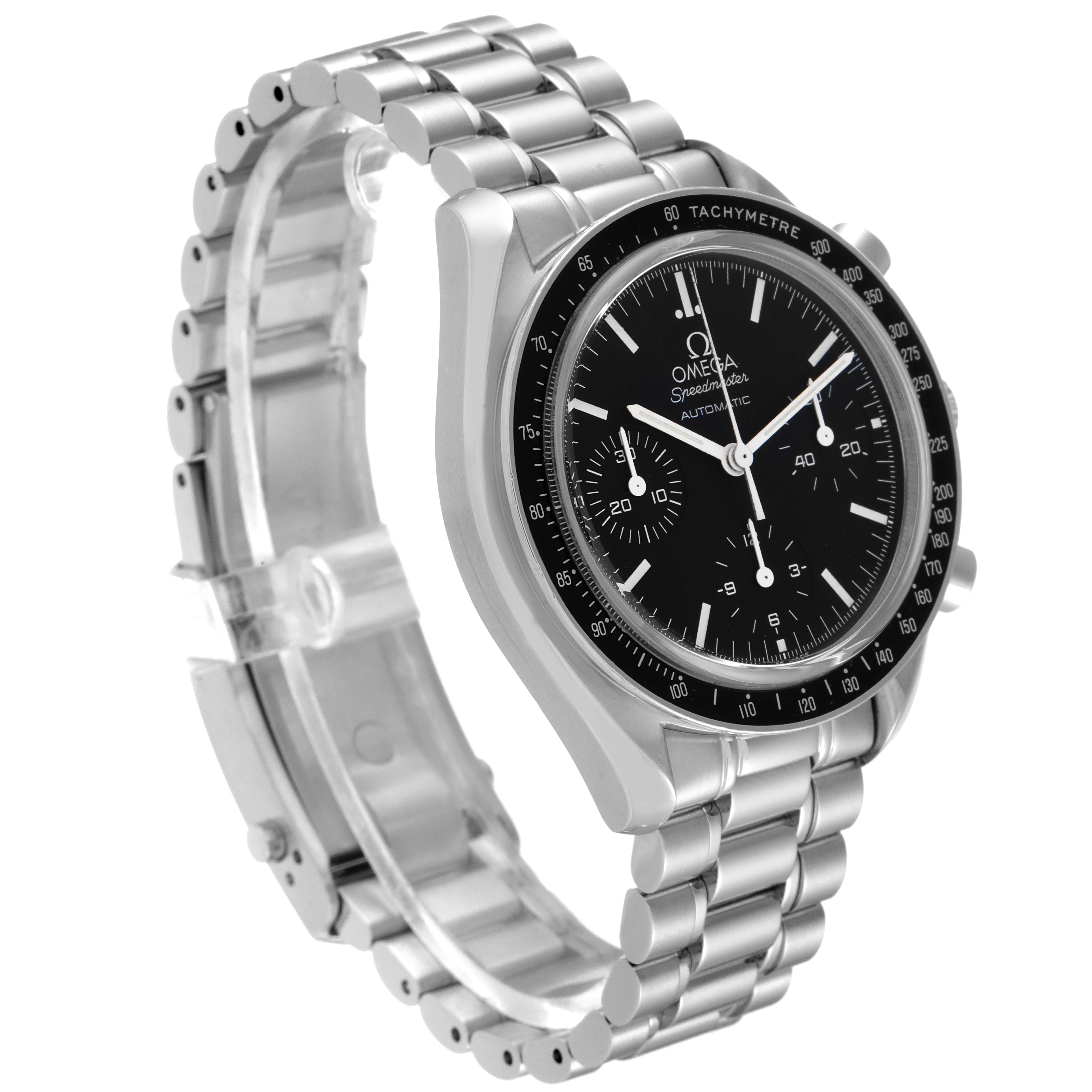 The image shows a side view of an Omega Speedmaster 3539.50.00 Men
s Stainless Steel Black Dial 3539.50.00 Men
s Stainless Steel Black Dial watch, highlighting the bezel, dial, case, and metal bracelet.