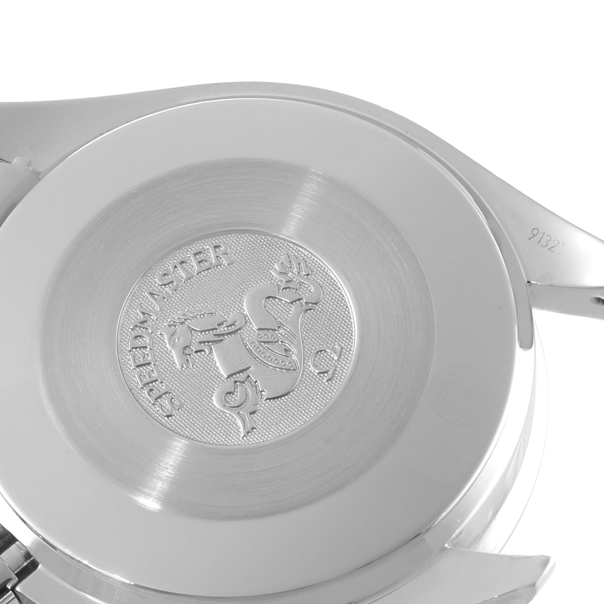 The image shows the back of the Omega Speedmaster 3539.50.00 Men
s Stainless Steel Black Dial 3539.50.00 Men
s Stainless Steel Black Dial watch, featuring the engraved logo and "Speedmaster" text.