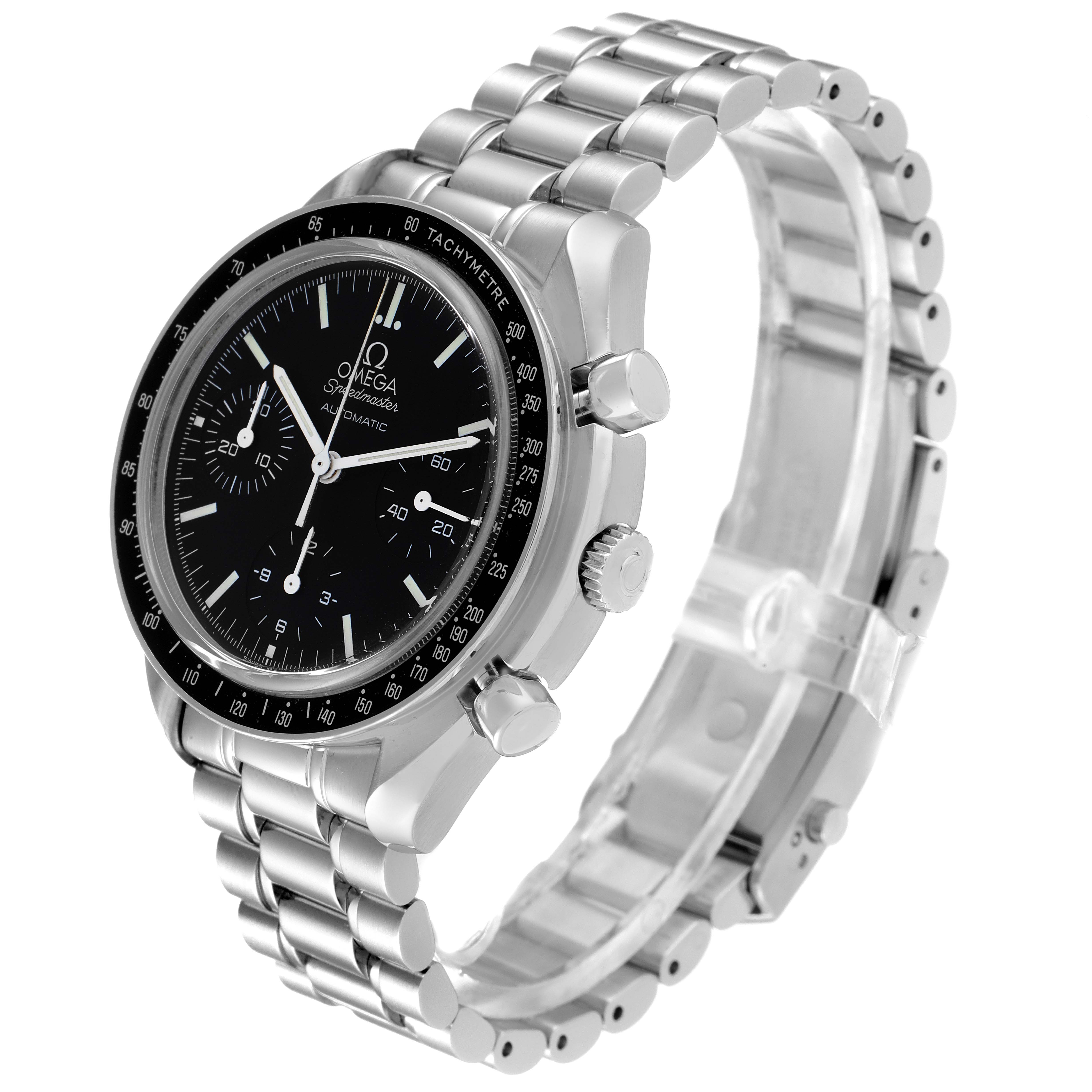This image shows an Omega Speedmaster 3539.50.00 Men
s Stainless Steel Black Dial 3539.50.00 Men
s Stainless Steel Black Dial watch angled from the front-left, displaying its face, bezel, pushers, and metal bracelet.