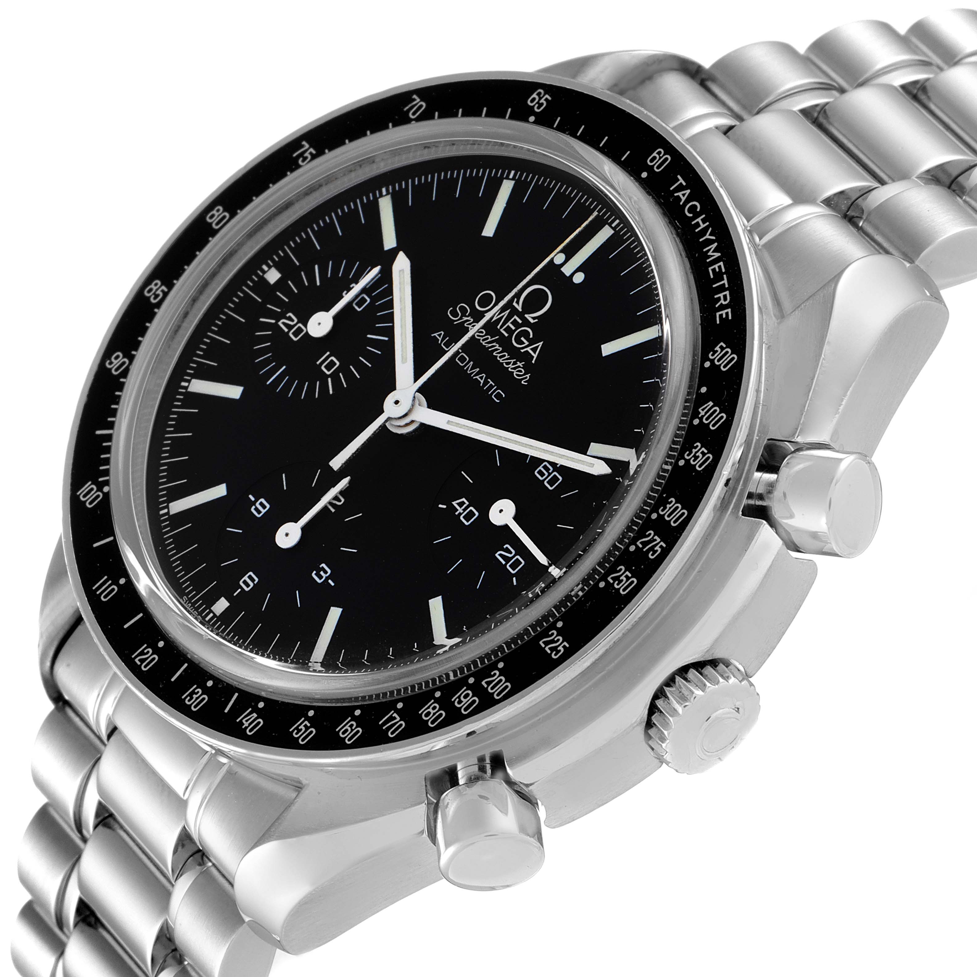 The image shows an Omega Speedmaster 3539.50.00 Men
s Stainless Steel Black Dial 3539.50.00 Men
s Stainless Steel Black Dial watch at a slight angle, featuring the face, tachymeter bezel, and part of the stainless steel bracelet.