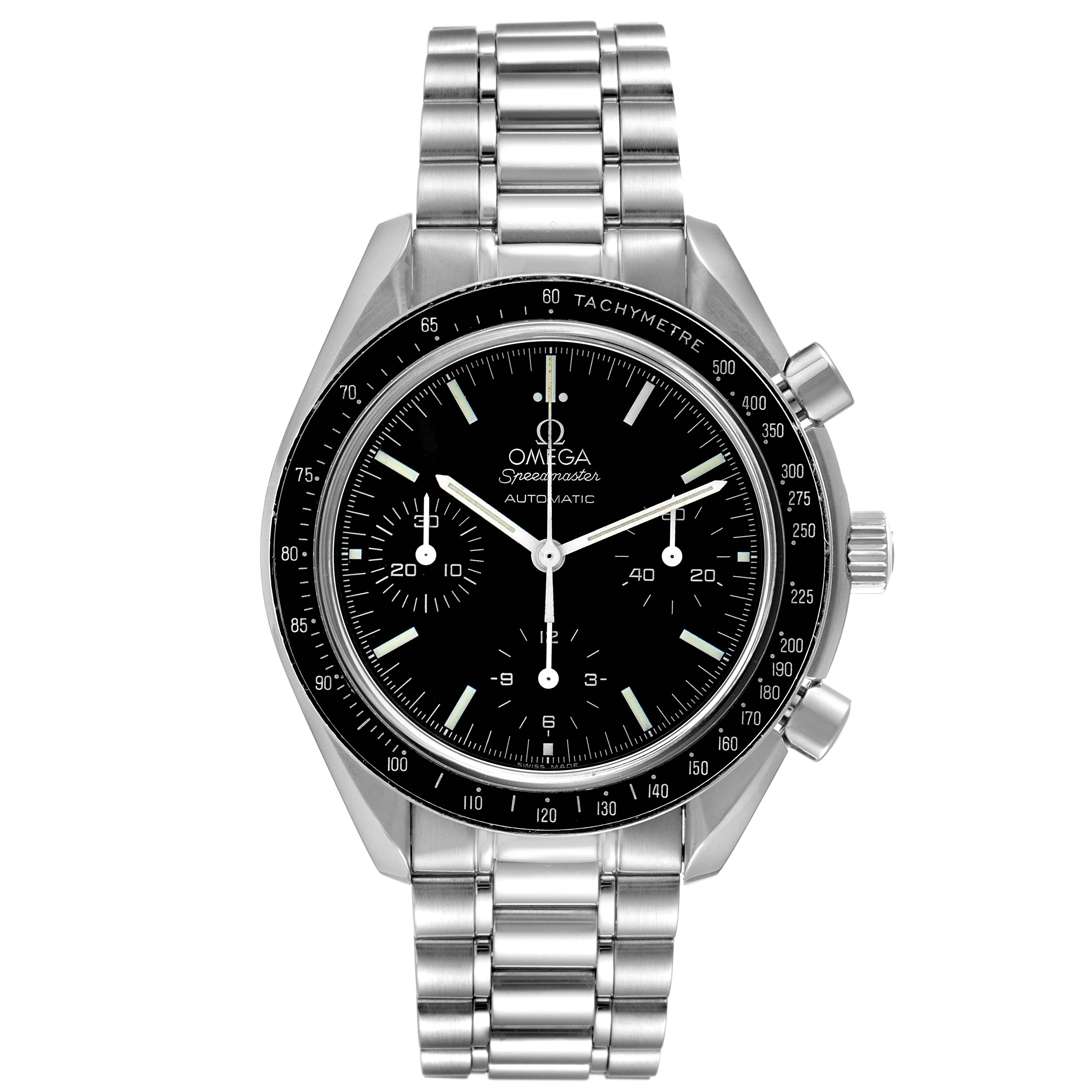 This image shows the front view of the Omega Speedmaster 3539.50.00 Men
s Stainless Steel Black Dial 3539.50.00 Men
s Stainless Steel Black Dial watch, displaying the dial, bezel, pushers, and metal bracelet.