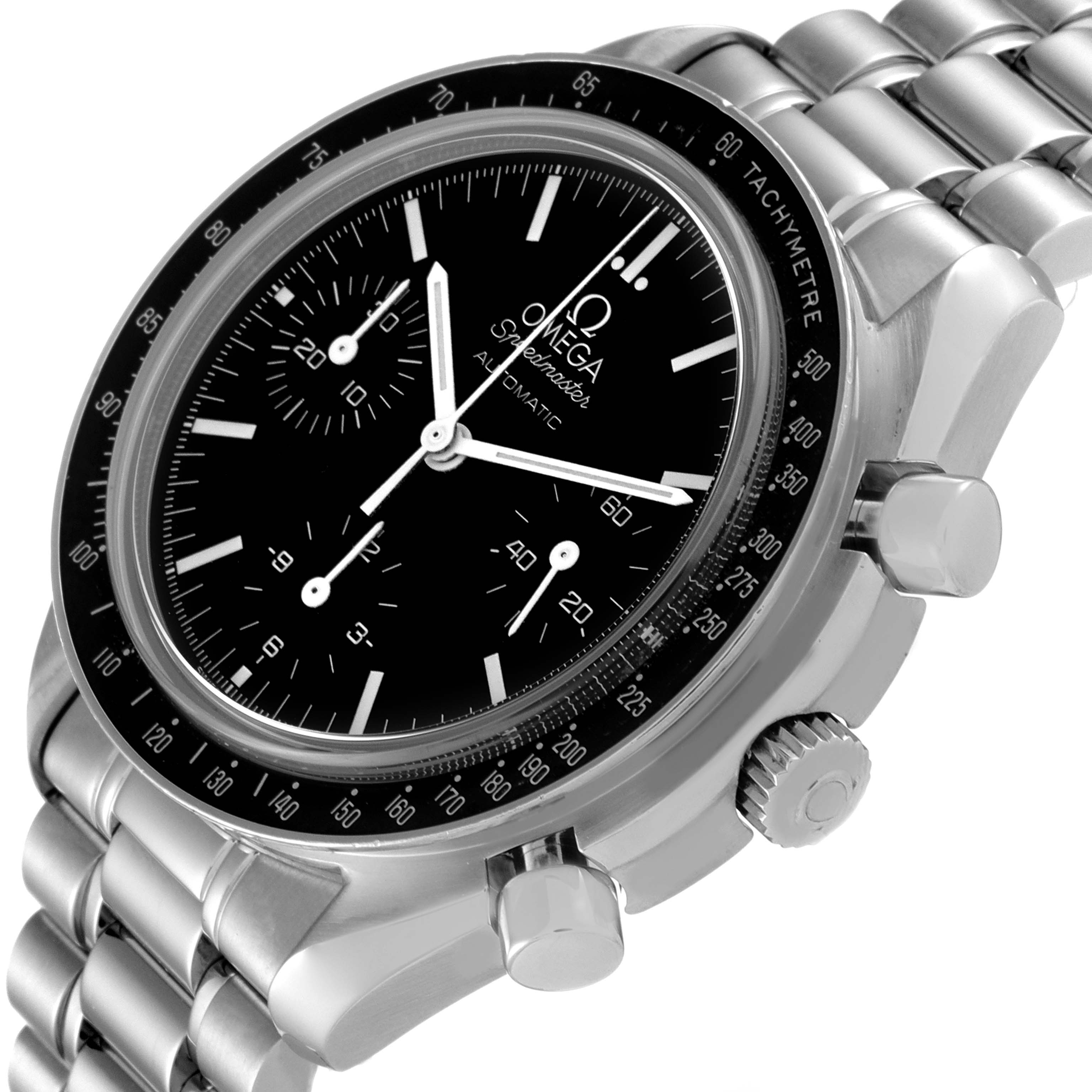 The image shows the Omega Speedmaster 3539.50.00 Men
s Stainless Steel Black Dial 3539.50.00 Men
s Stainless Steel Black Dial watch from a front-side angle, highlighting its face, tachymeter bezel, pushers, and bracelet.
