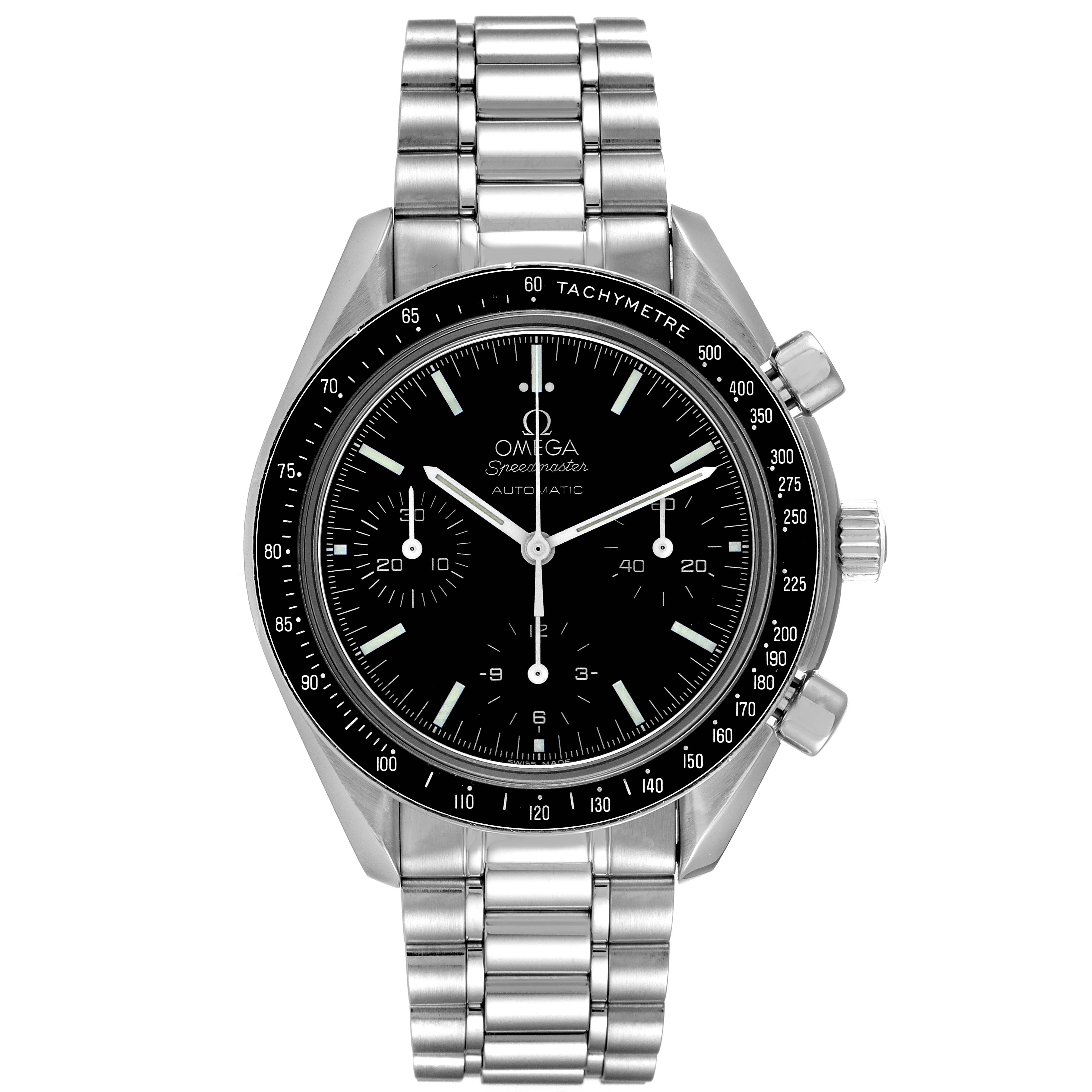 The image shows a front view of the Omega Speedmaster 3539.50.00 Men
s Stainless Steel Black Dial 3539.50.00 Men
s Stainless Steel Black Dial watch, featuring the dial, bezel, pushers, crown, and metal bracelet.