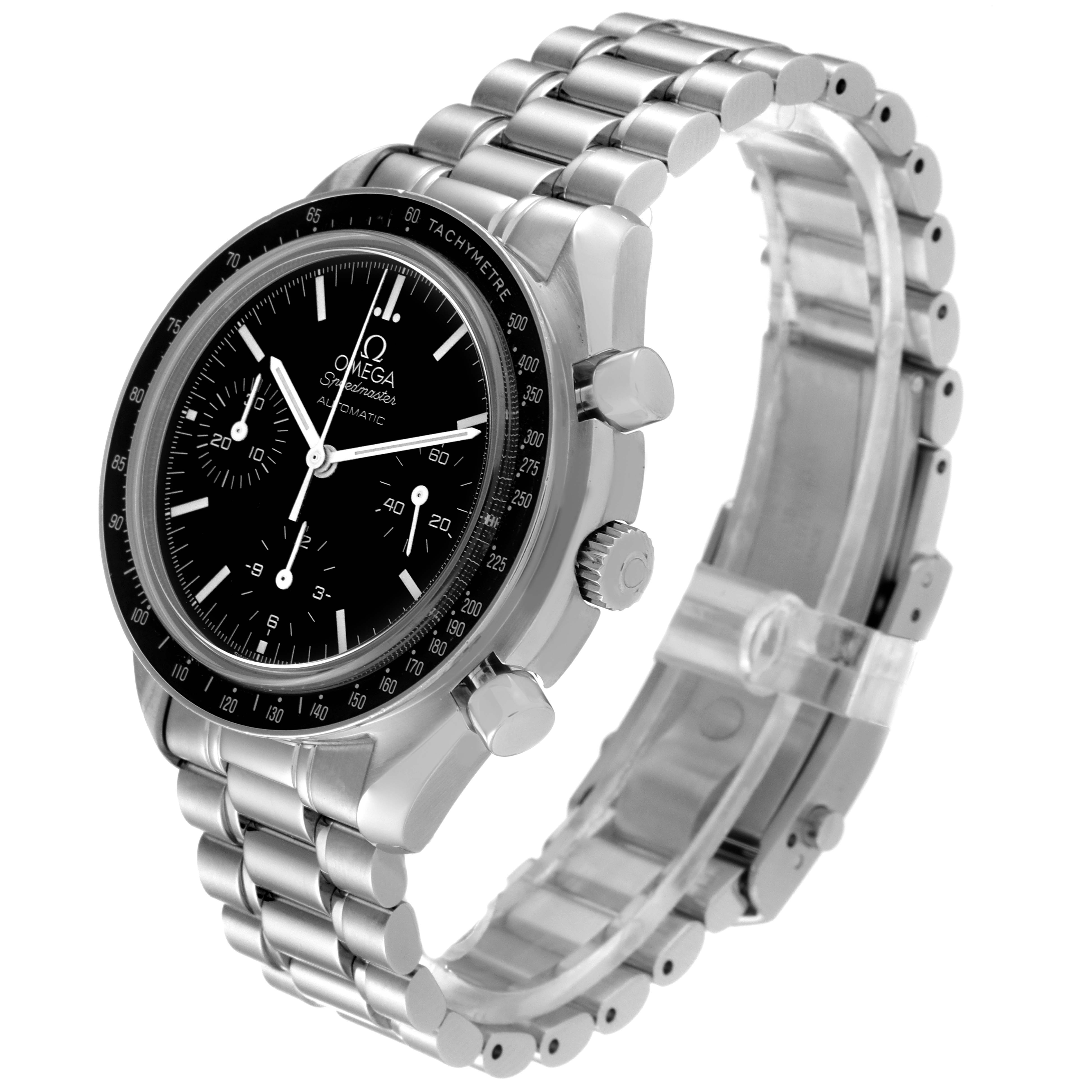 This Omega Speedmaster 3539.50.00 Men
s Stainless Steel Black Dial 3539.50.00 Men
s Stainless Steel Black Dial model is shown at a 3/4 angle displaying the face, bracelet, bezel, and pushers.