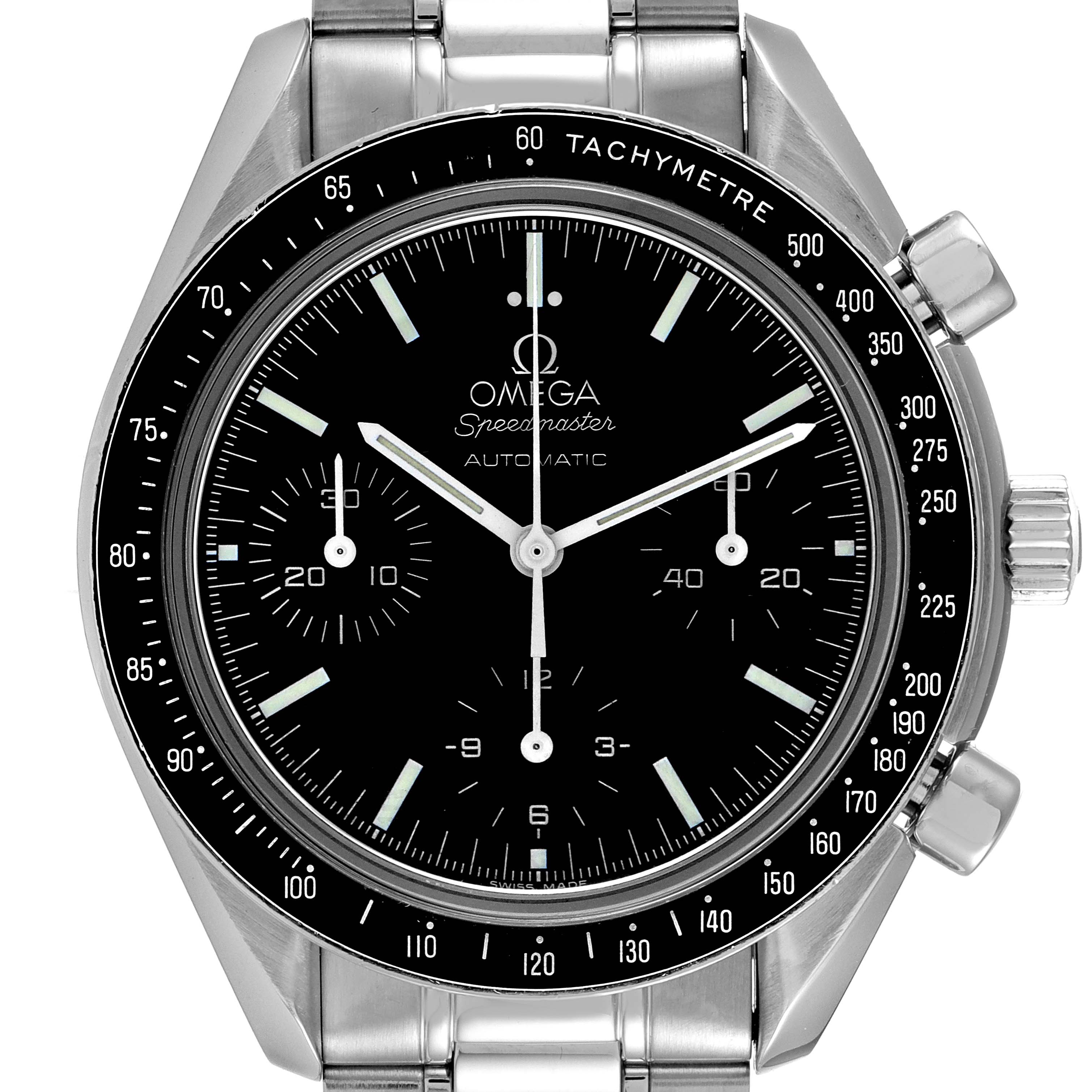 The image shows a front view of the Omega Speedmaster 3539.50.00 Men
s Stainless Steel Black Dial 3539.50.00 Men
s Stainless Steel Black Dial watch, highlighting its dial, tachymeter bezel, and stainless steel bracelet.