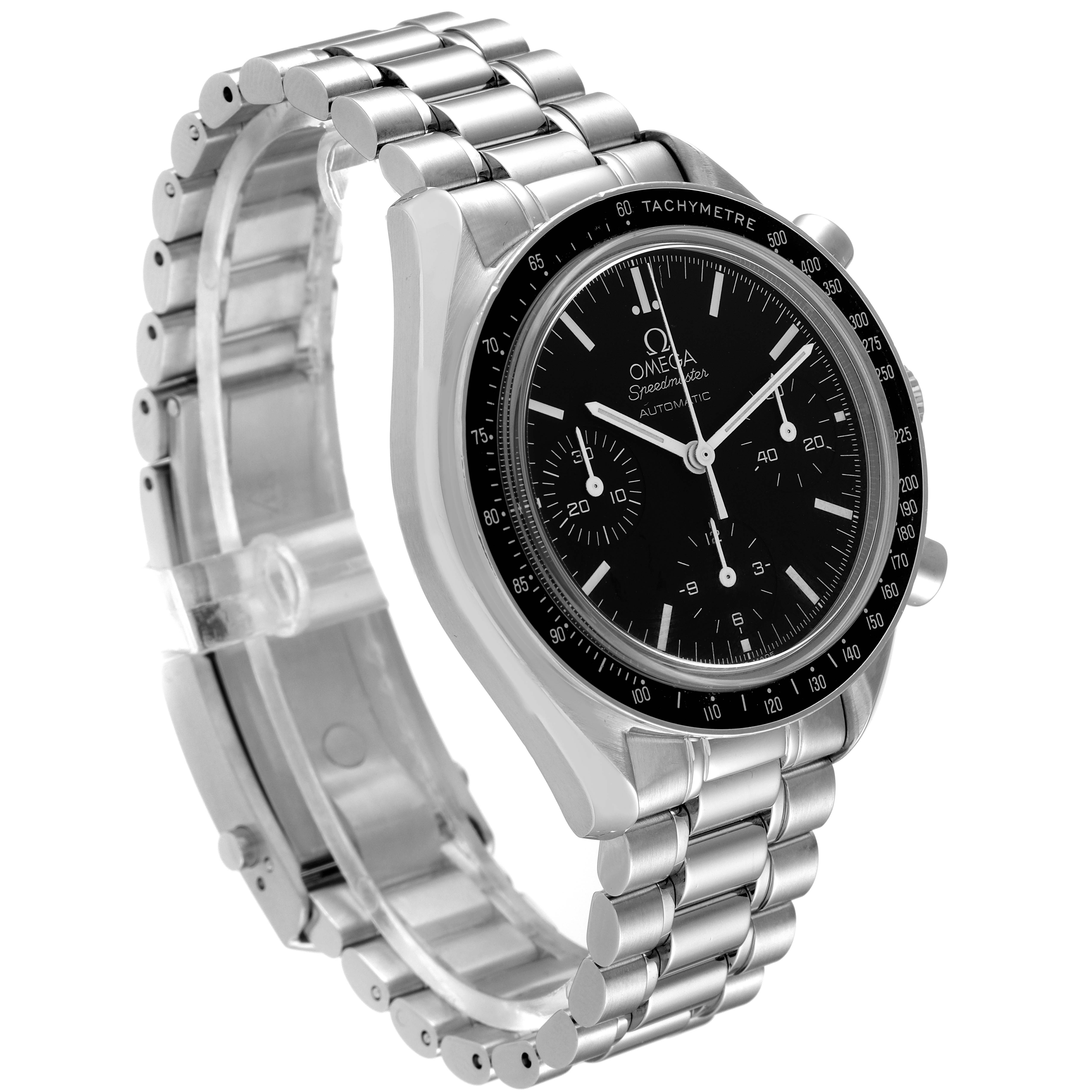 The image shows an Omega Speedmaster 3539.50.00 Men
s Stainless Steel Black Dial 3539.50.00 Men
s Stainless Steel Black Dial watch from a three-quarter angle, highlighting the bezel, dial, and stainless steel bracelet.