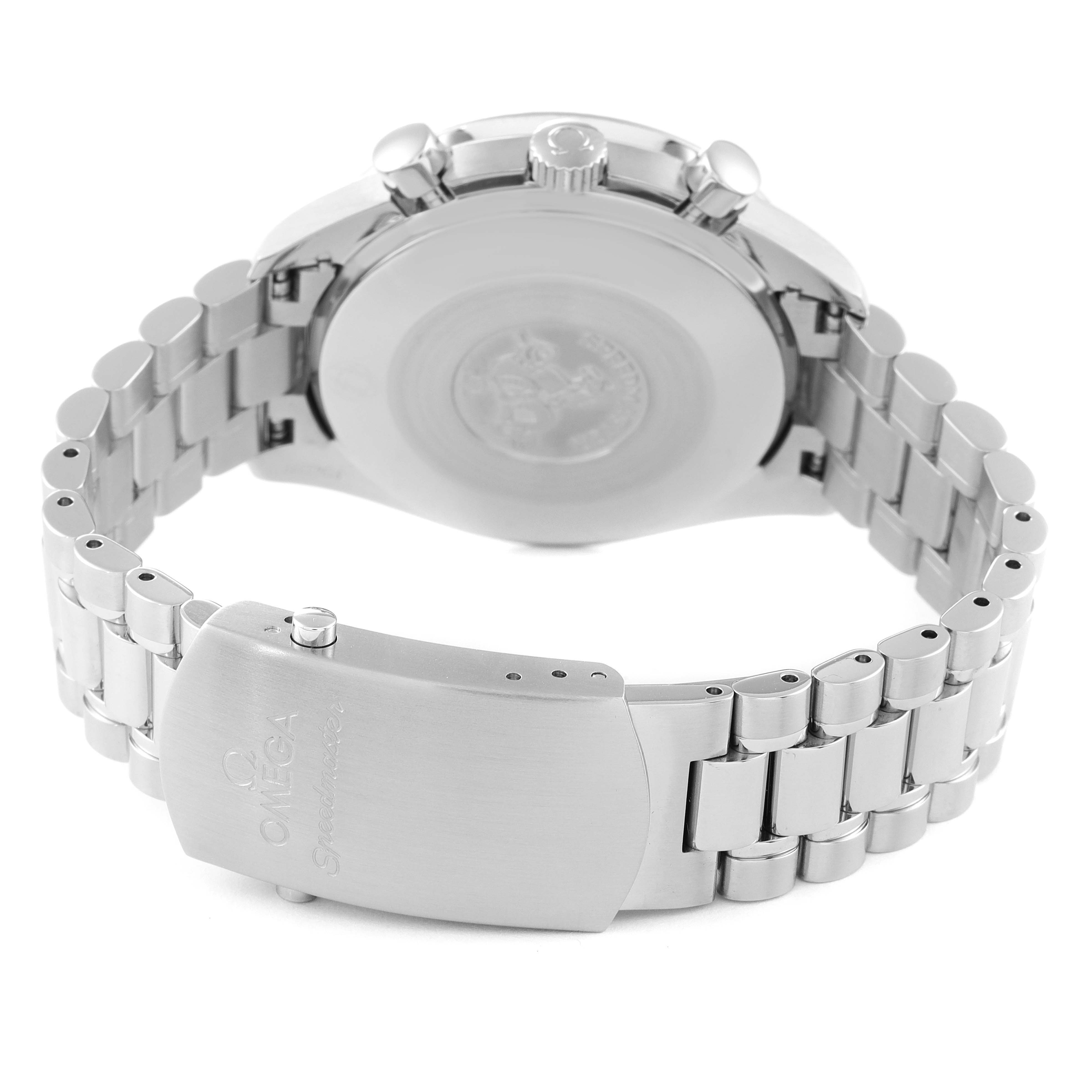 This image shows the back view of an Omega Speedmaster 3539.50.00 Men
s Stainless Steel Black Dial 3539.50.00 Men
s Stainless Steel Black Dial watch, focusing on the clasp and bracelet.