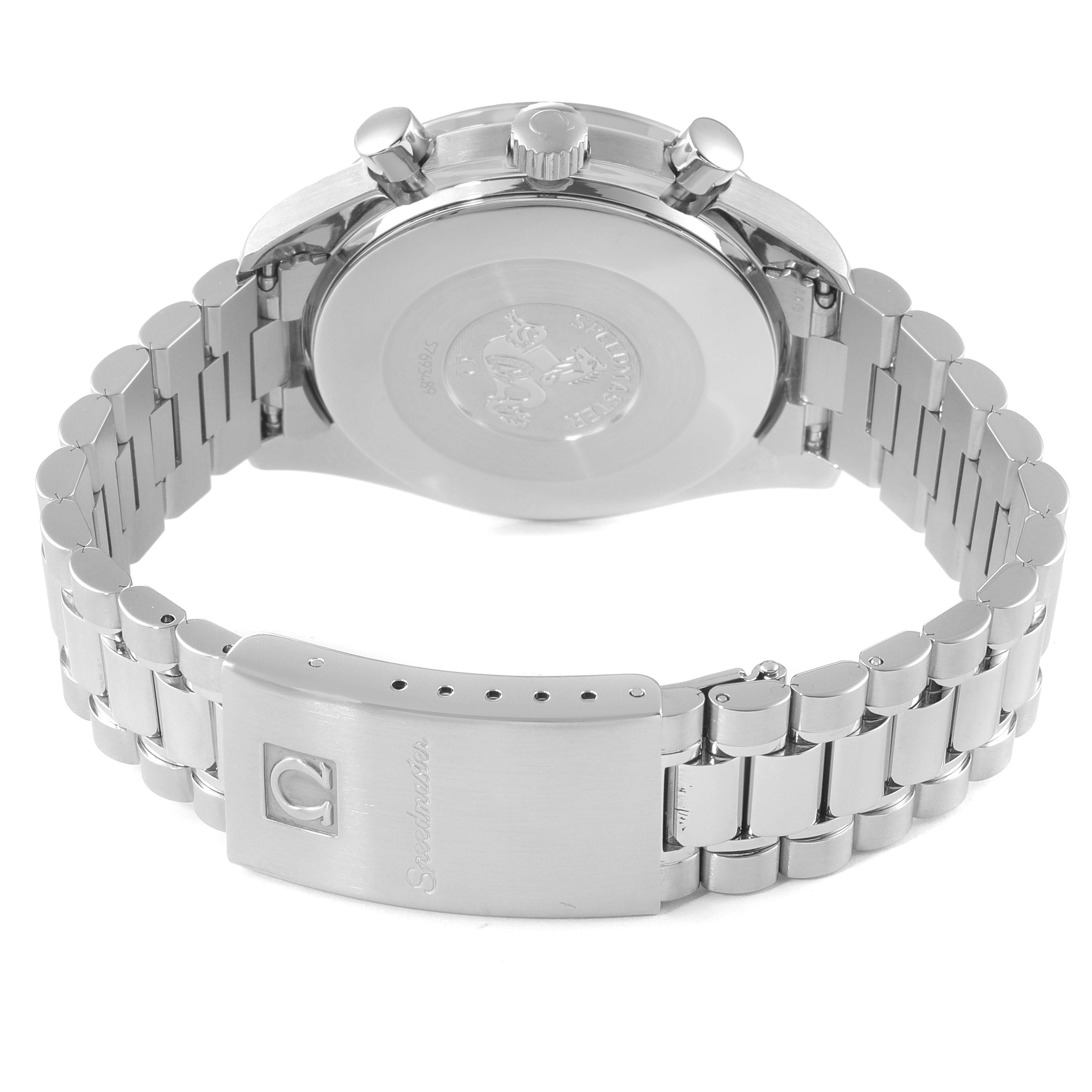 The image shows the back case, crown, push buttons, and bracelet clasp of an Omega Speedmaster 3510.21.00 Men's Stainless Steel Silver Dial 3510.21.00 Men's Stainless Steel Silver Dial watch.