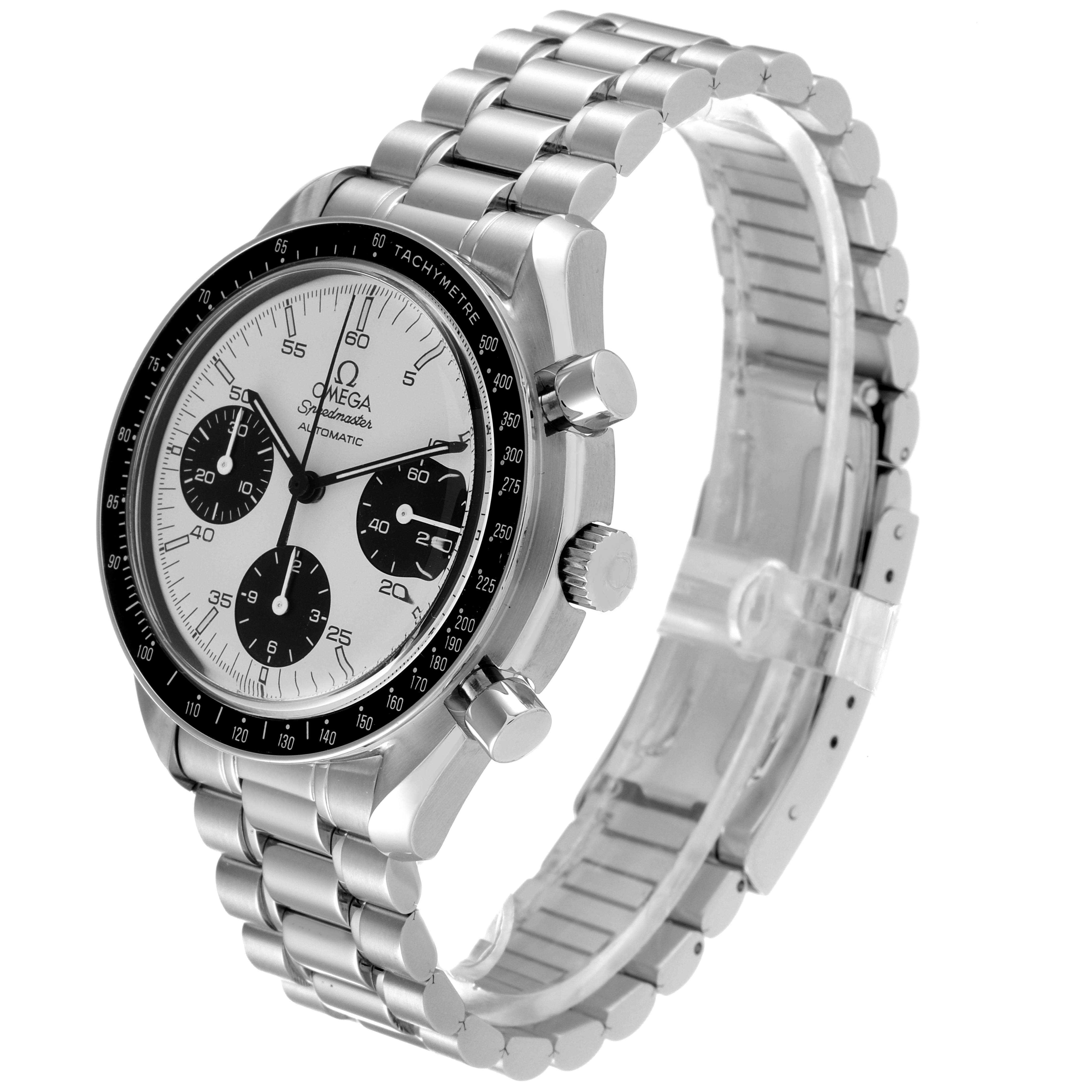 The Omega Speedmaster 3510.21.00 Men's Stainless Steel Silver Dial 3510.21.00 Men's Stainless Steel Silver Dial watch is shown at a three-quarter angle displaying its face, bezel, pushers, and bracelet.