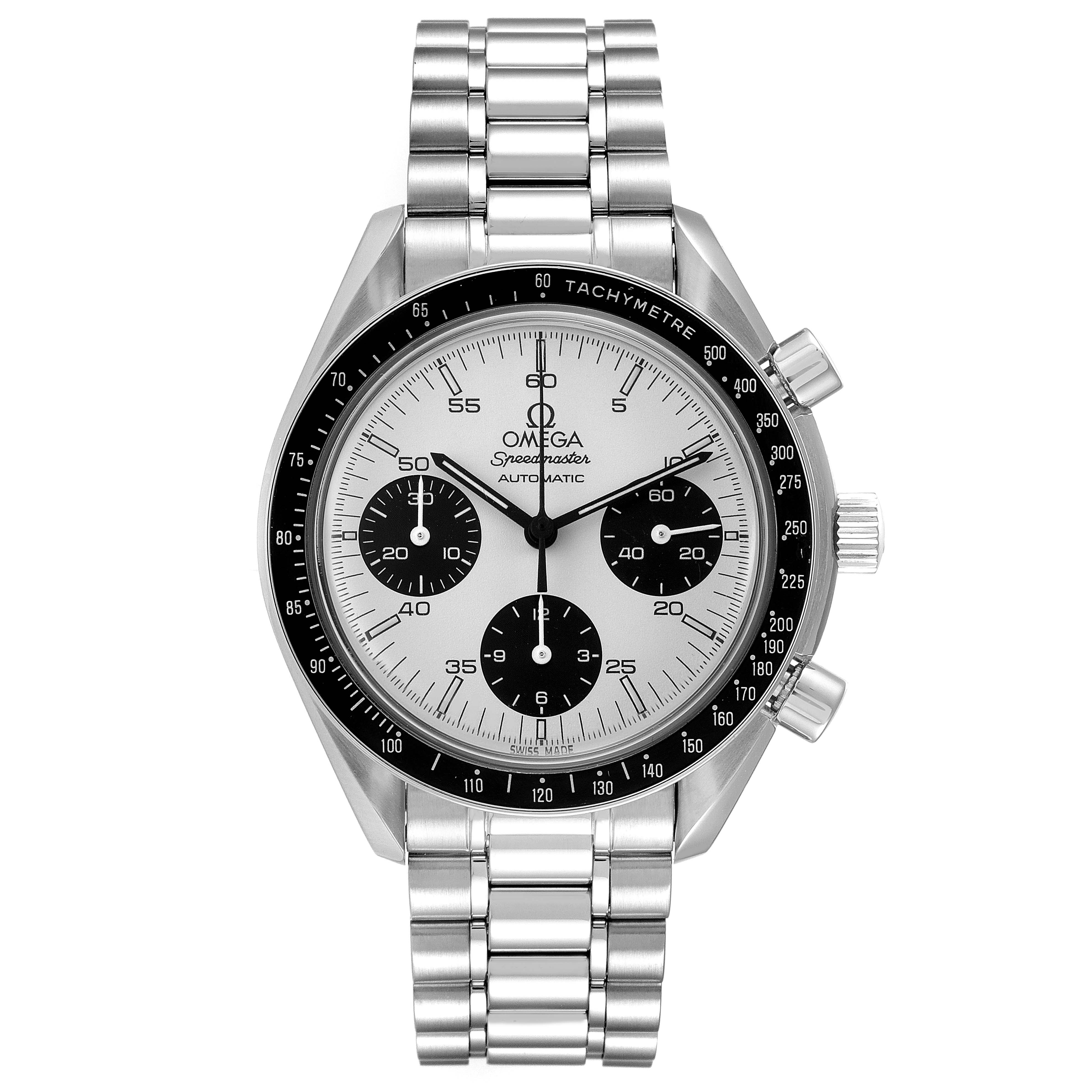 The image shows a front view of an Omega Speedmaster 3510.21.00 Men's Stainless Steel Silver Dial 3510.21.00 Men's Stainless Steel Silver Dial watch, highlighting its dial, chronographs, bezel, and metal bracelet.