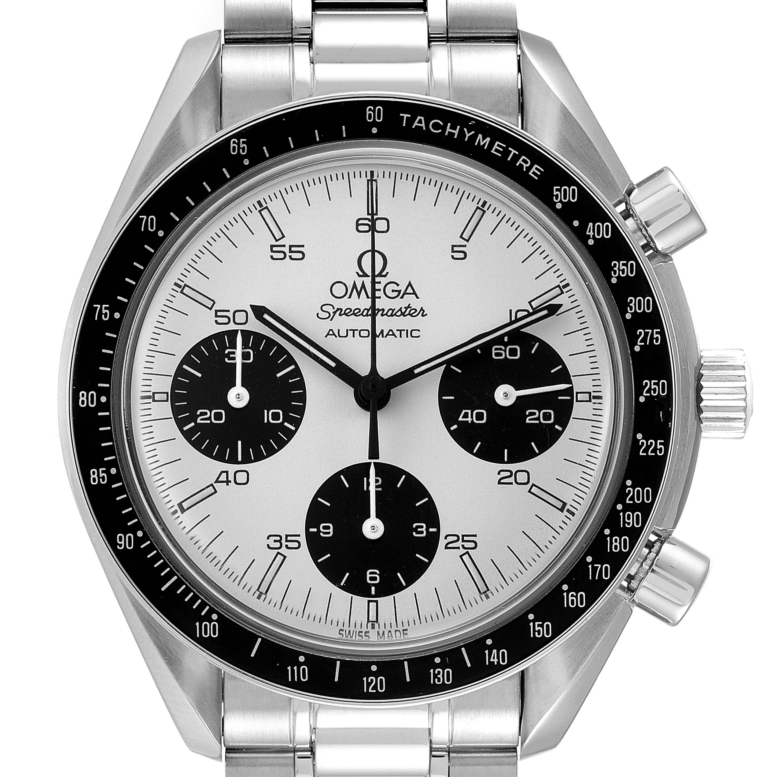 This image shows a front view of the Omega Speedmaster 3510.21.00 Men's Stainless Steel Silver Dial 3510.21.00 Men's Stainless Steel Silver Dial watch displaying the dial, bezel, and chronograph subdials.