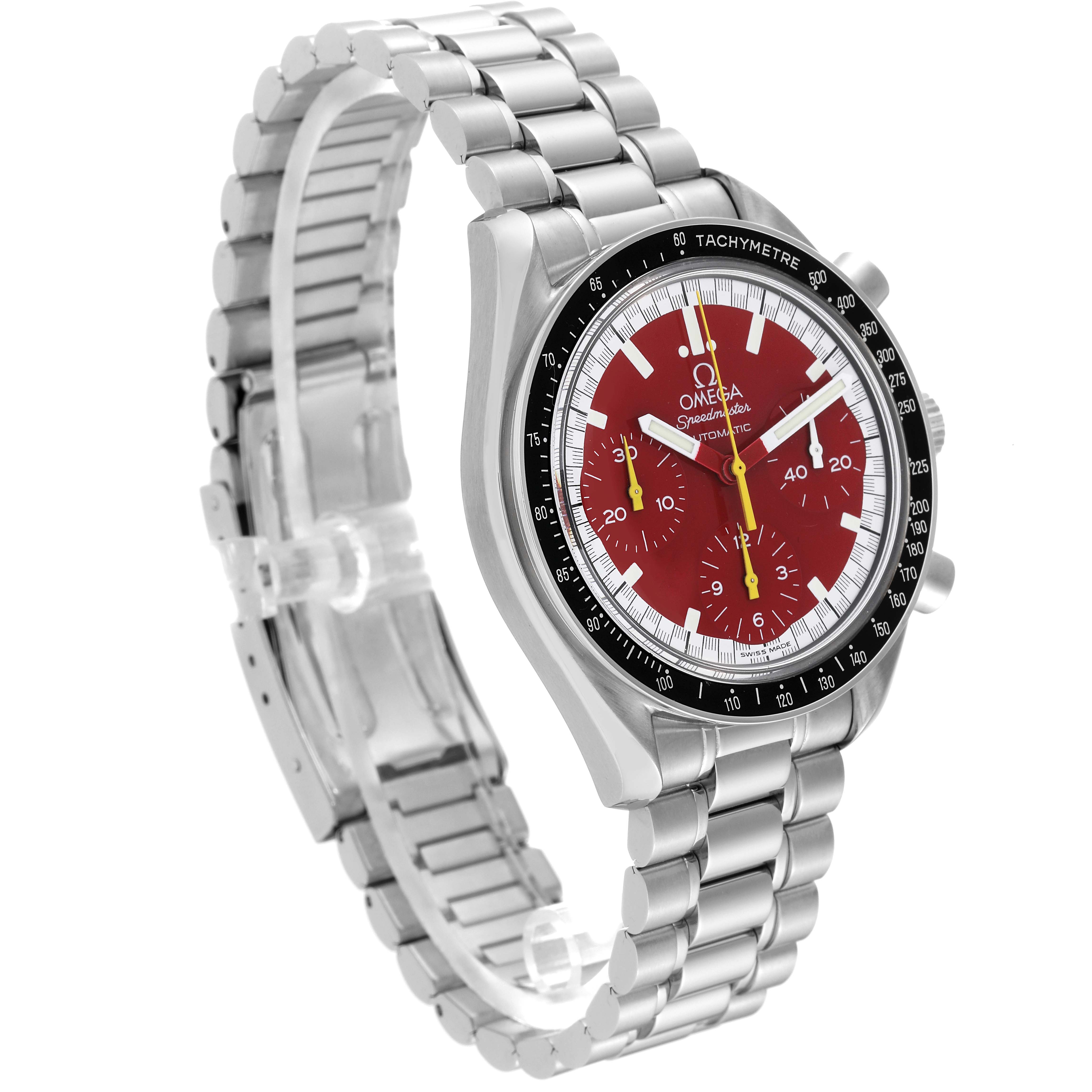 The image shows an angled side view of the Omega Speedmaster 3510.61.00 Men's Stainless Steel Red Dial 3510.61.00 Men's Stainless Steel Red Dial watch, highlighting its red dial, bezel, and metal bracelet.