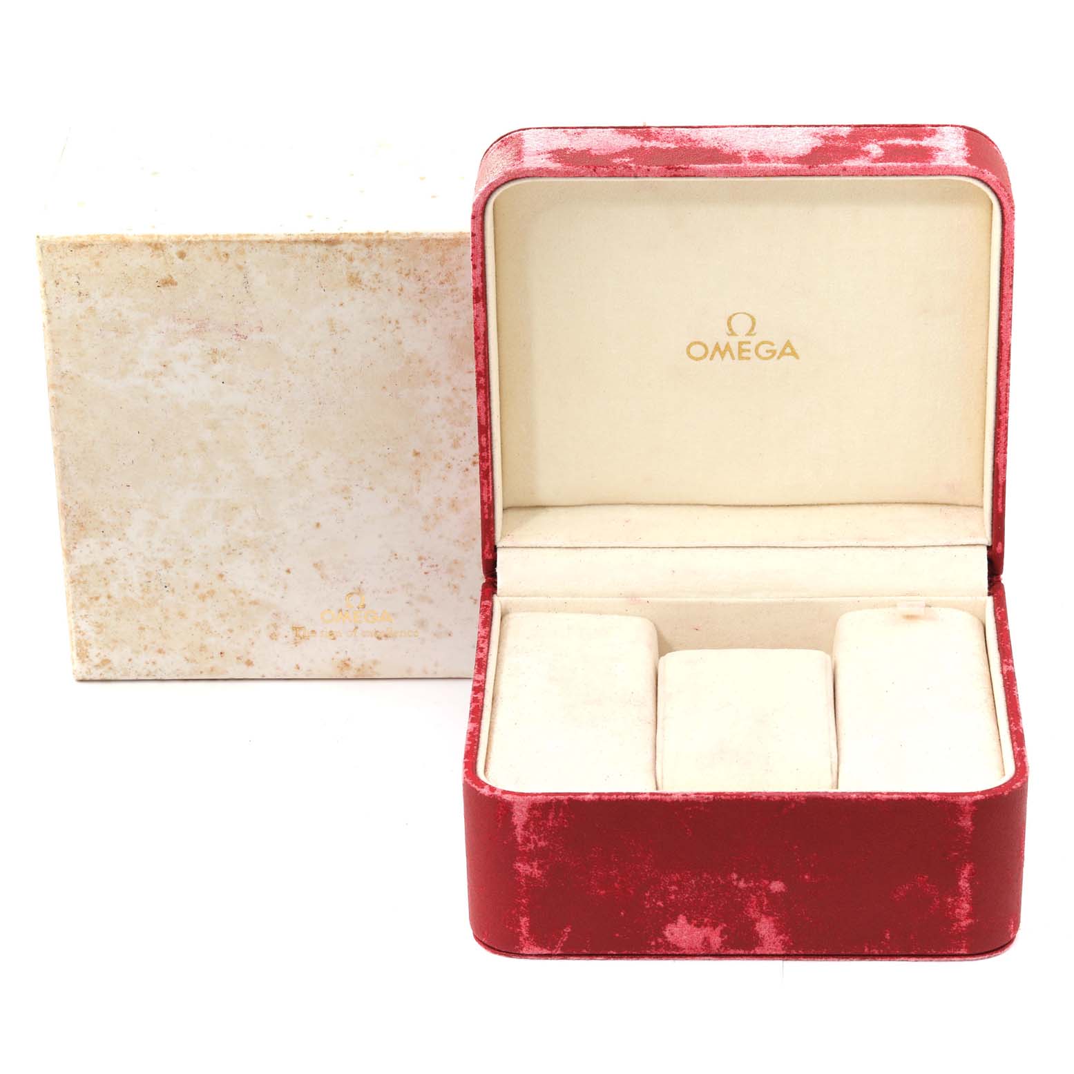 The image shows an empty Omega Speedmaster 3510.61.00 Men's Stainless Steel Red Dial 3510.61.00 Men's Stainless Steel Red Dial watch box with a red exterior and an inner beige lining, along with a separate outer box.