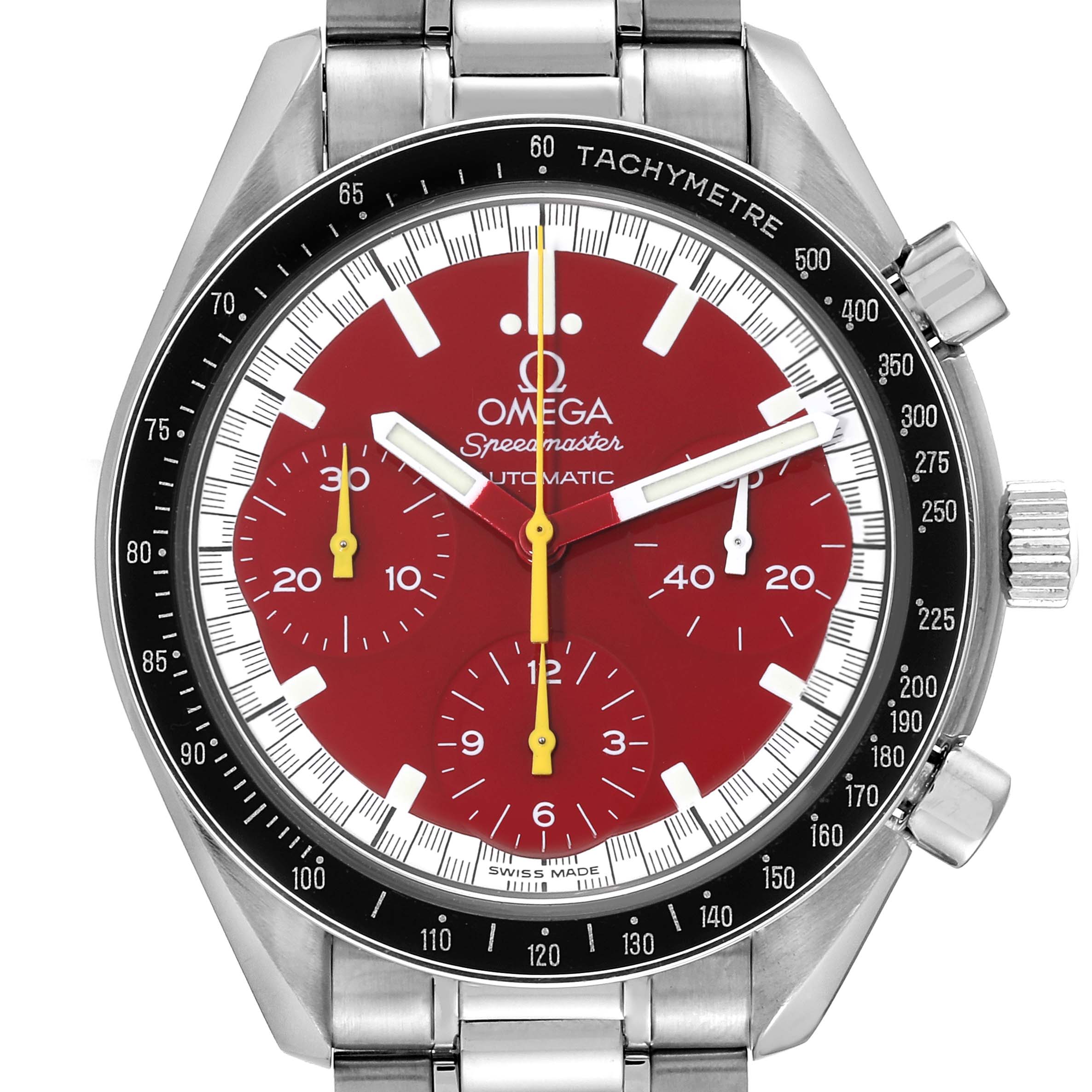 The Omega Speedmaster 3510.61.00 Men's Stainless Steel Red Dial 3510.61.00 Men's Stainless Steel Red Dial watch is shown from the front, displaying the face, bezel with tachymeter, and stainless steel bracelet.