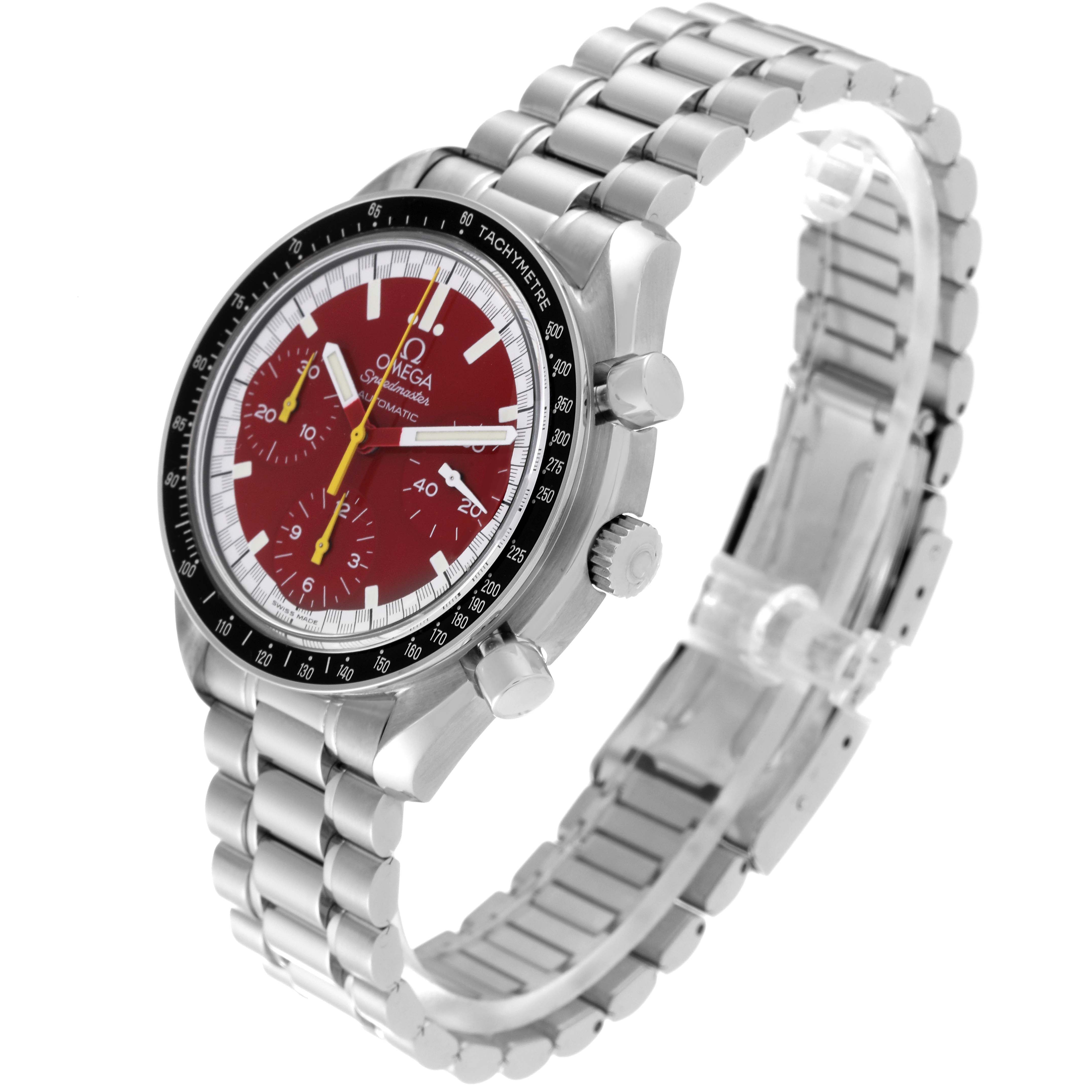The image shows the Omega Speedmaster 3510.61.00 Men's Stainless Steel Red Dial 3510.61.00 Men's Stainless Steel Red Dial watch at a three-quarter angle, highlighting the dial, bezel, crown, pushers, and bracelet.