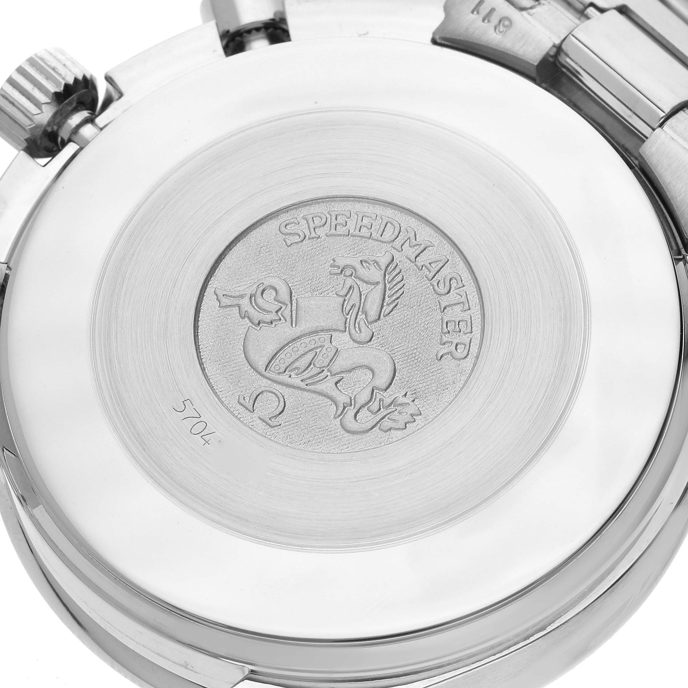 This image shows the case back of the Omega Speedmaster 3510.61.00 Men's Stainless Steel Red Dial 3510.61.00 Men's Stainless Steel Red Dial watch, displaying its logo and engraving details.