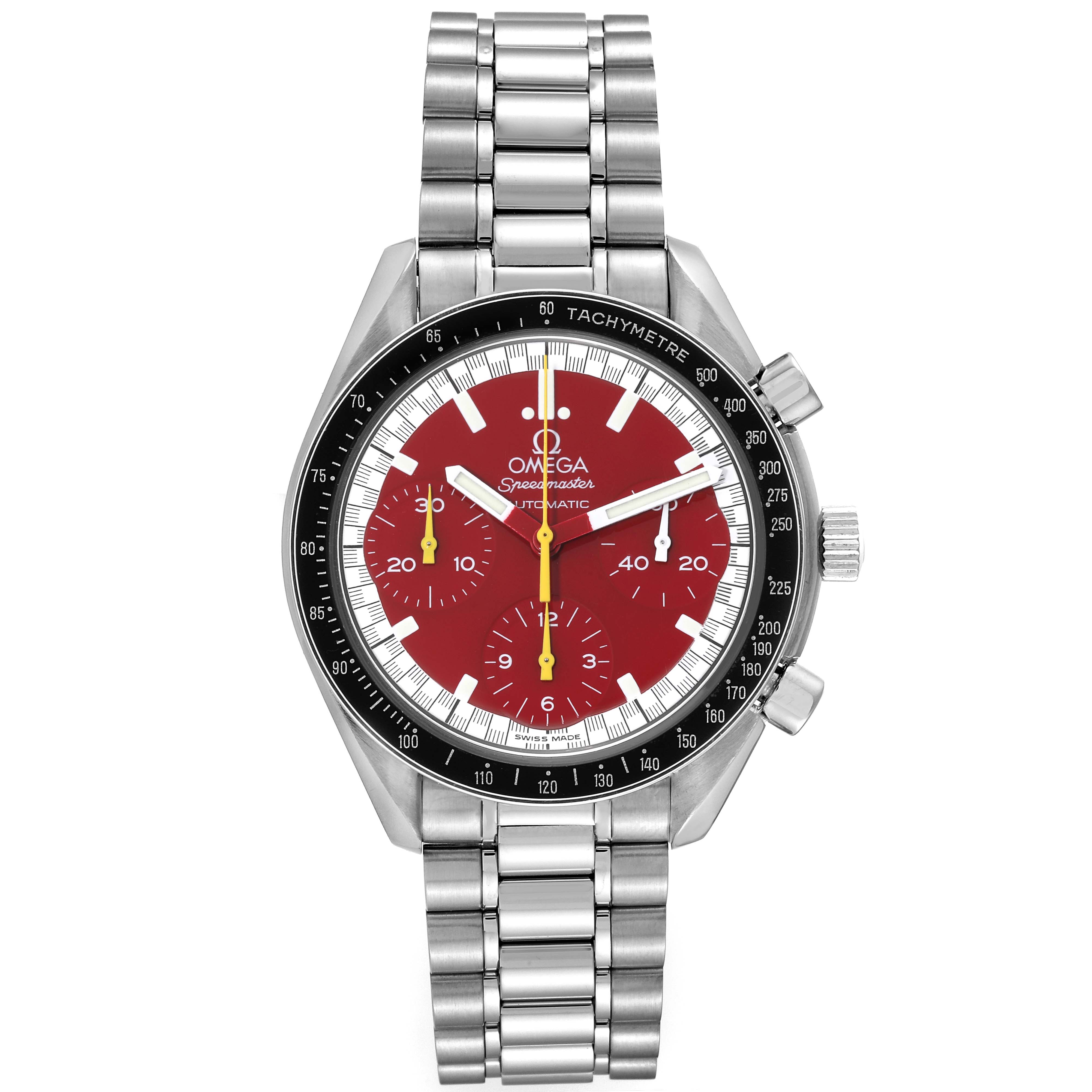 This image shows a front view of the Omega Speedmaster 3510.61.00 Men's Stainless Steel Red Dial 3510.61.00 Men's Stainless Steel Red Dial watch featuring a red dial, tachymeter bezel, and stainless steel bracelet.
