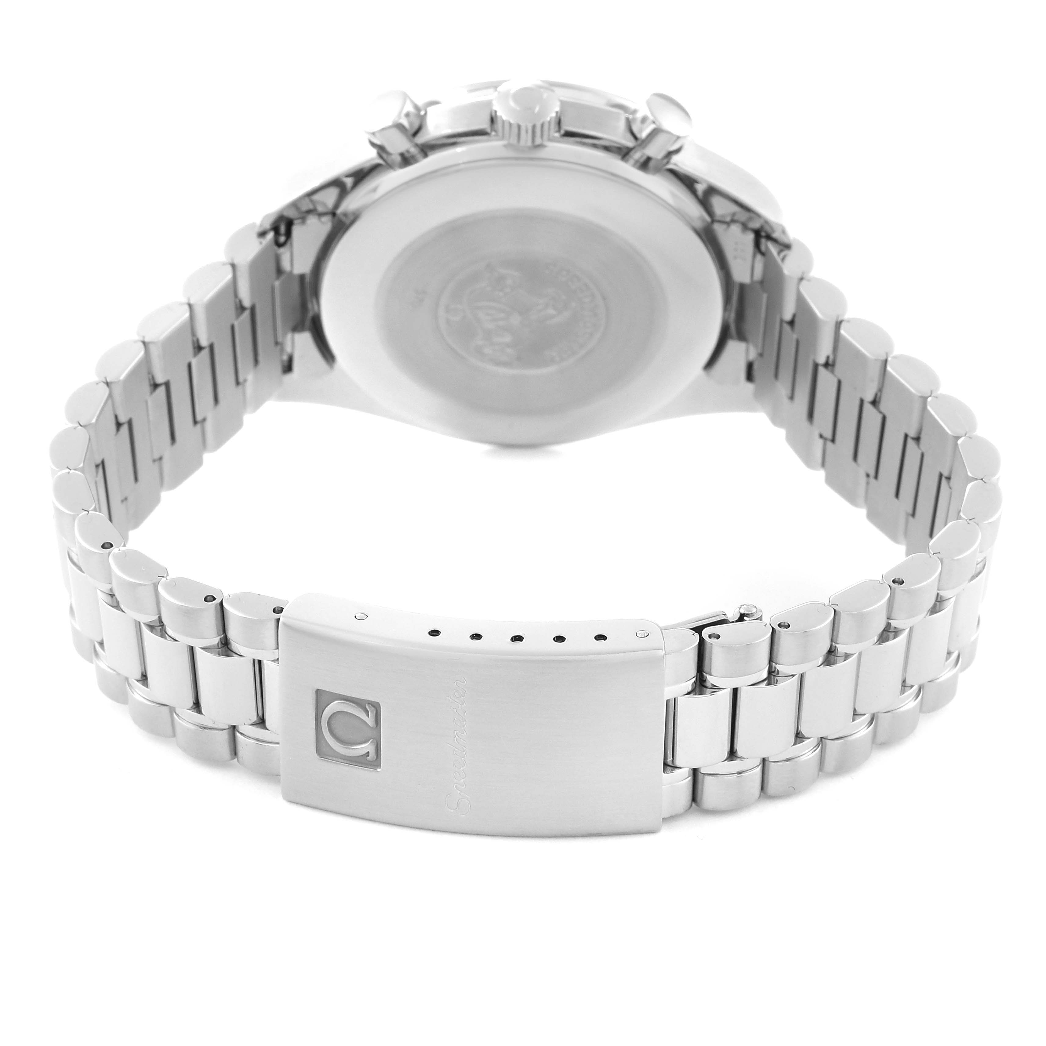 The image shows the back side of an Omega Speedmaster 3510.61.00 Men's Stainless Steel Red Dial 3510.61.00 Men's Stainless Steel Red Dial watch, focusing on the clasp and bracelet.