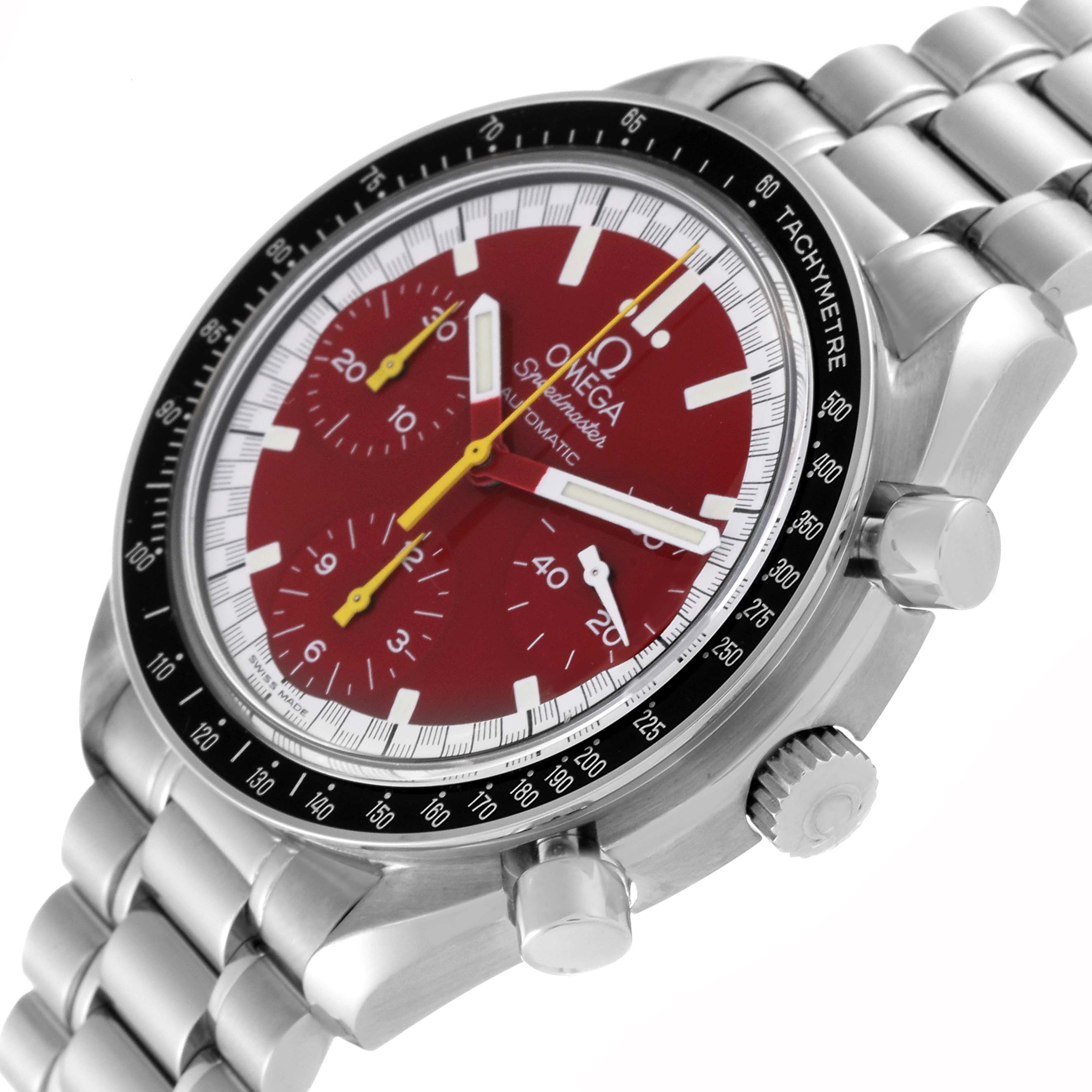 The image shows a side angle of the Omega Speedmaster 3510.61.00 Men's Stainless Steel Red Dial 3510.61.00 Men's Stainless Steel Red Dial watch, highlighting the bezel, dial, subdials, crown, and metal bracelet.