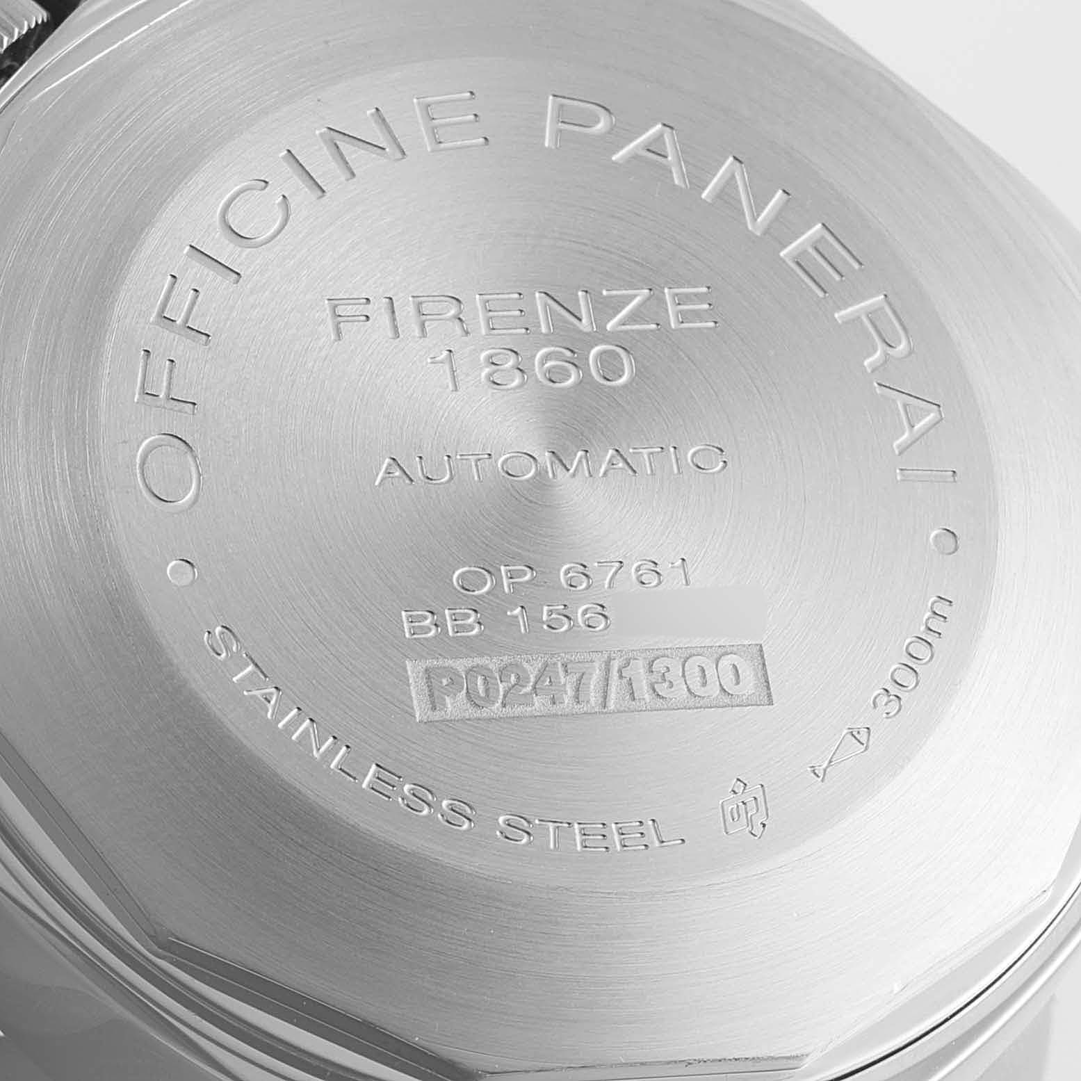 This image shows the engraved back case of a Panerai Luminor PAM00088 Men
s Stainless Steel Black Dial PAM00088 Men
s Stainless Steel Black Dial watch, highlighting its model specifications and material.