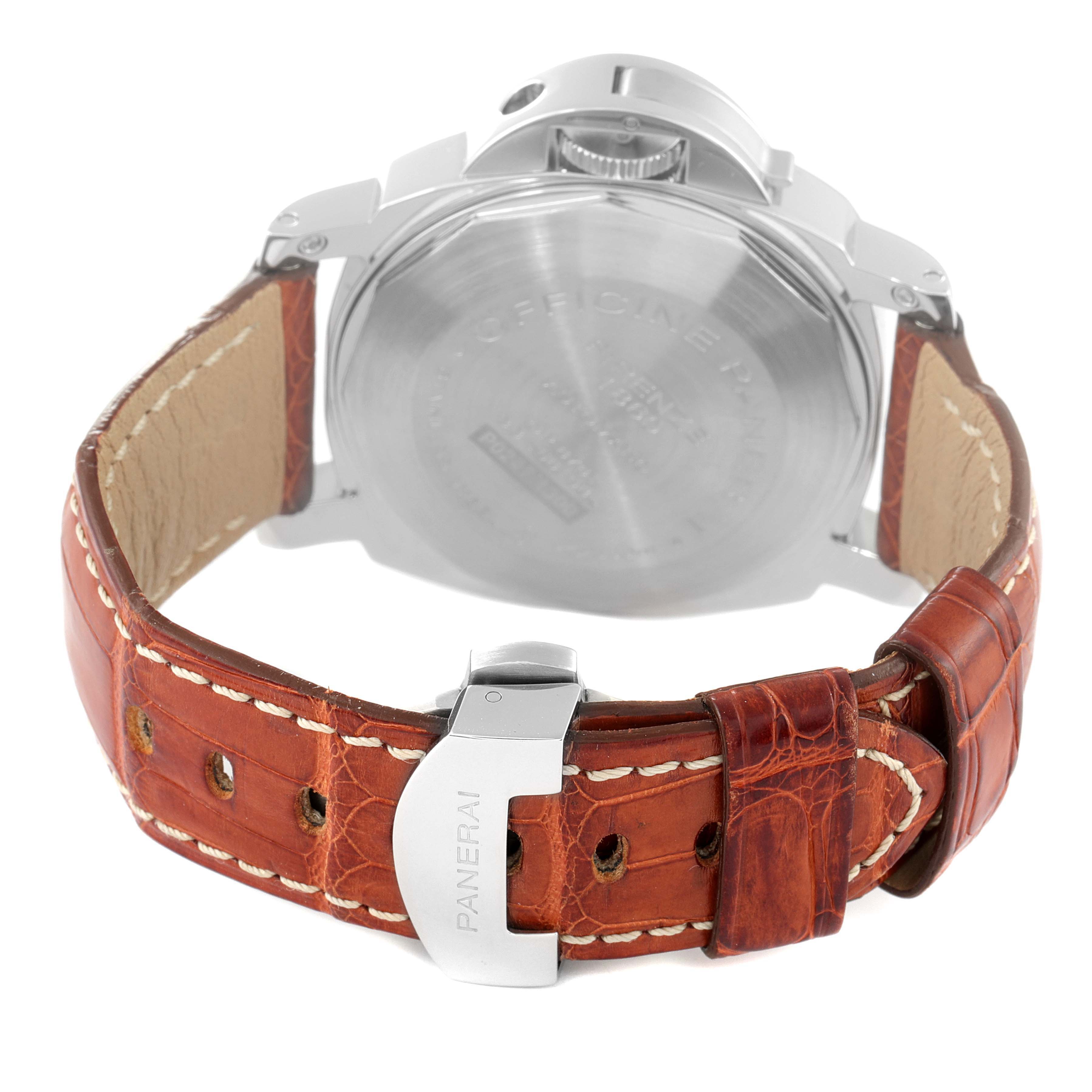 The image shows the rear view of a Panerai Luminor PAM00088 Men
s Stainless Steel Black Dial PAM00088 Men
s Stainless Steel Black Dial watch, focusing on the case back and the leather strap with a Panerai buckle.