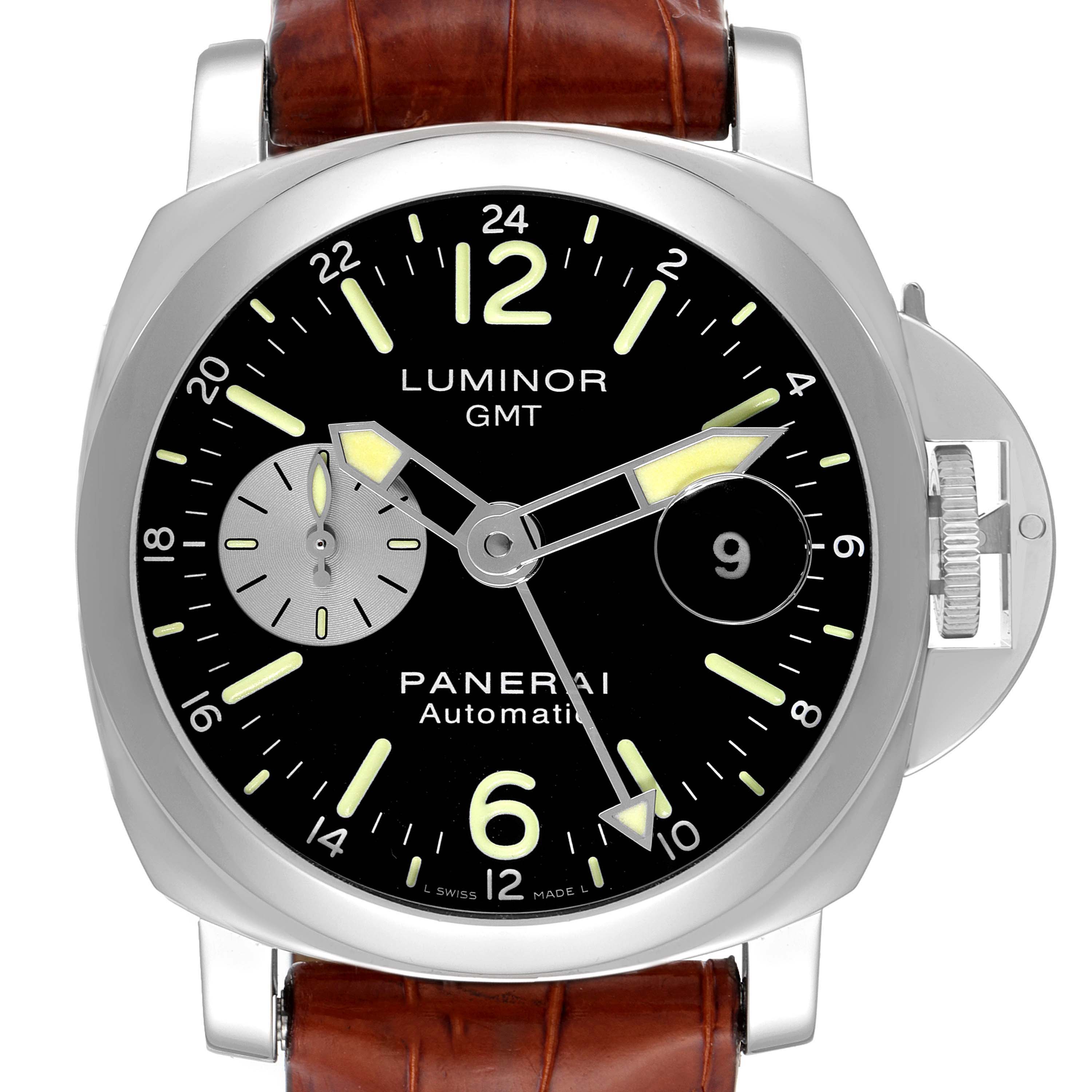 This image shows a front view of the Panerai Luminor PAM00088 Men
s Stainless Steel Black Dial PAM00088 Men
s Stainless Steel Black Dial GMT watch, highlighting its dial, hands, crown, and brown leather strap.