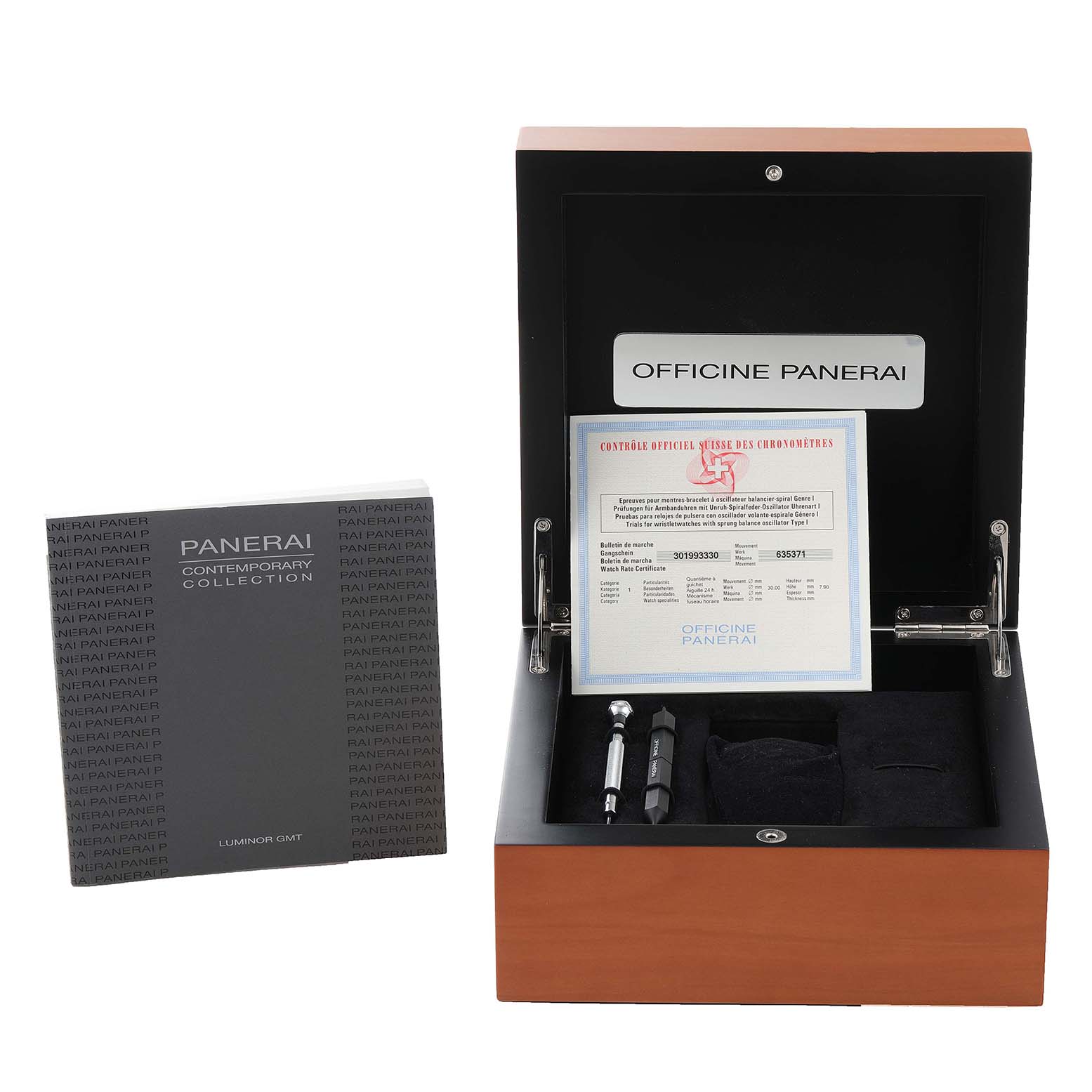 The image shows an open box for the Panerai Luminor PAM00088 Men
s Stainless Steel Black Dial PAM00088 Men
s Stainless Steel Black Dial model, featuring certification, tools, and accessories.