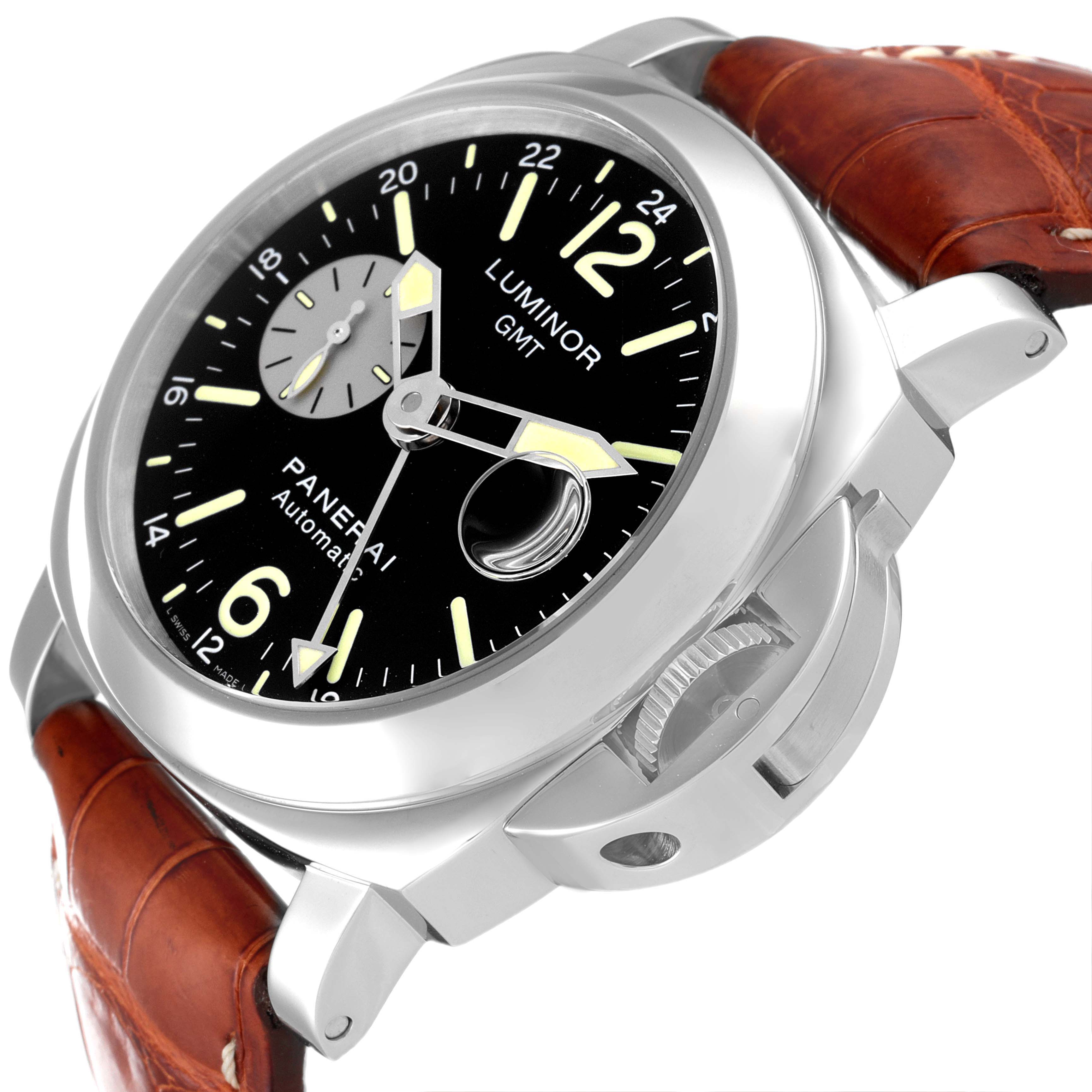 The image shows a Panerai Luminor PAM00088 Men
s Stainless Steel Black Dial PAM00088 Men
s Stainless Steel Black Dial GMT watch, specifically focusing on the face, bezel, crown guard, and leather strap from an angled perspective.