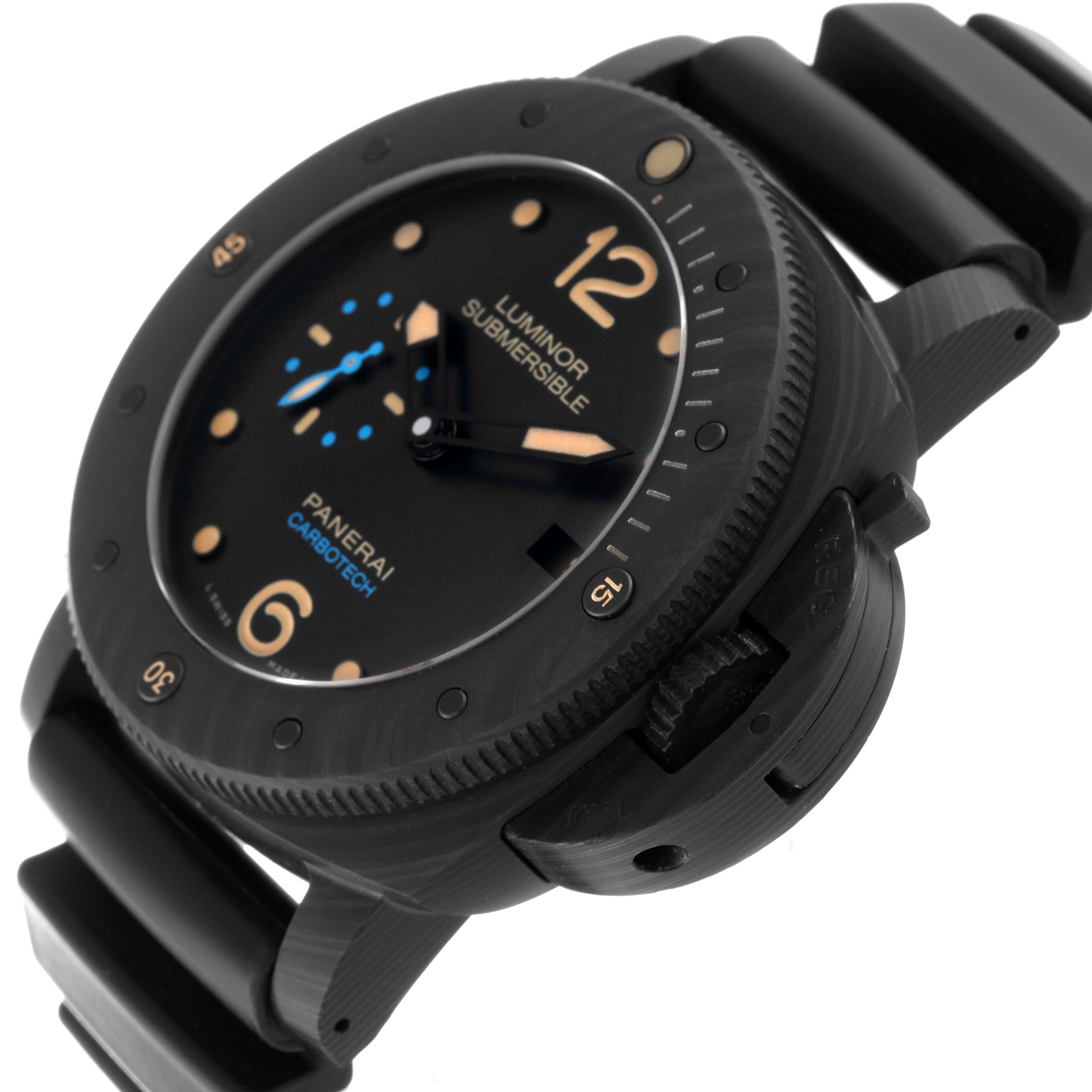 The image shows a close-up angle of the Panerai Submersible PAM00616 Men's Stainless Steel Black Dial PAM00616 Men's Stainless Steel Black Dial watch, highlighting its dial, bezel, and band.