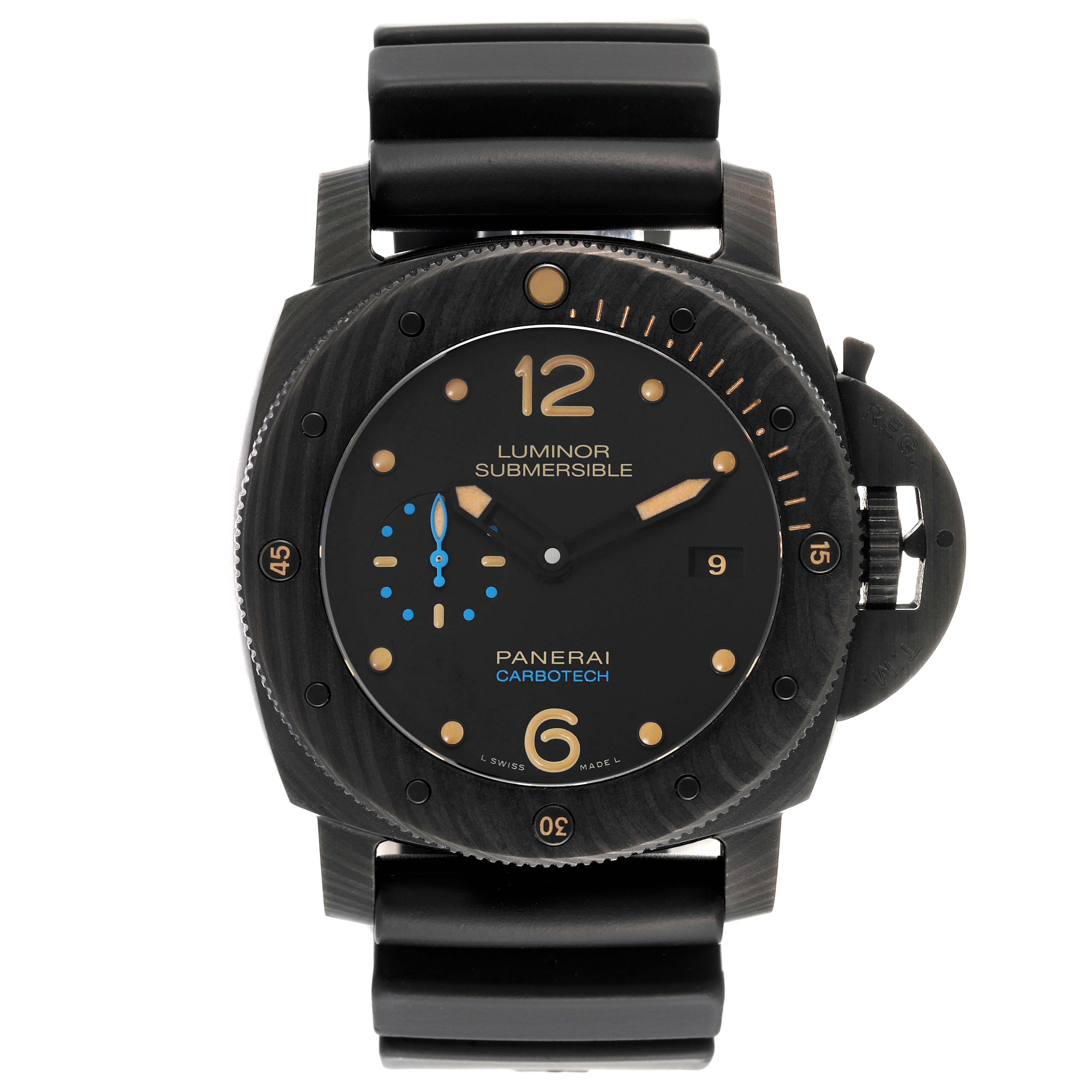 This image shows a front view of the Panerai Luminor Submersible watch, highlighting its face, bezel, and strap.