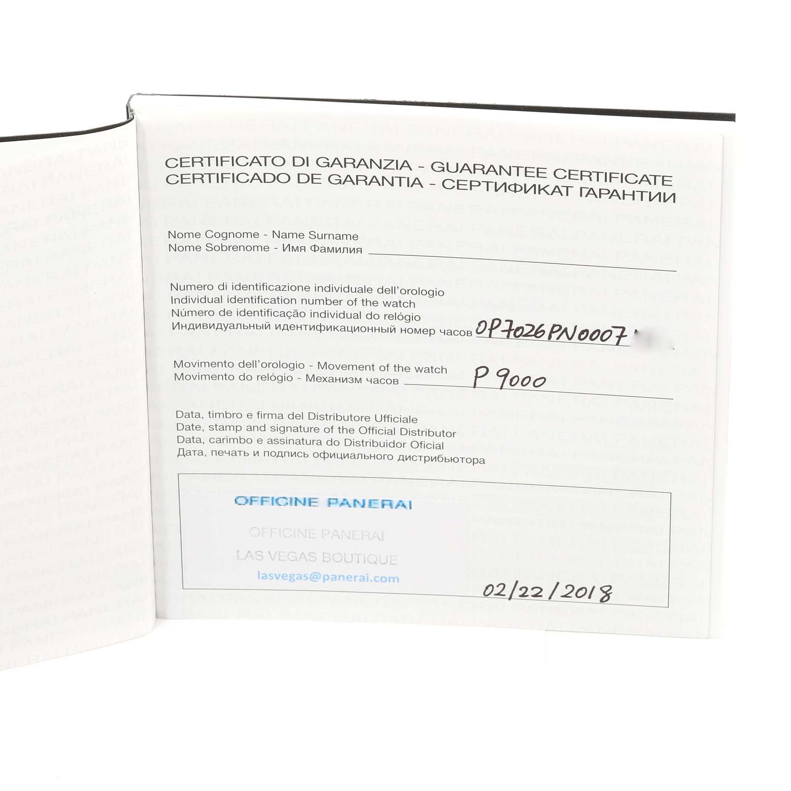 This image shows the guarantee certificate for the Panerai Submersible PAM00616 Men's Stainless Steel Black Dial PAM00616 Men's Stainless Steel Black Dial model watch.