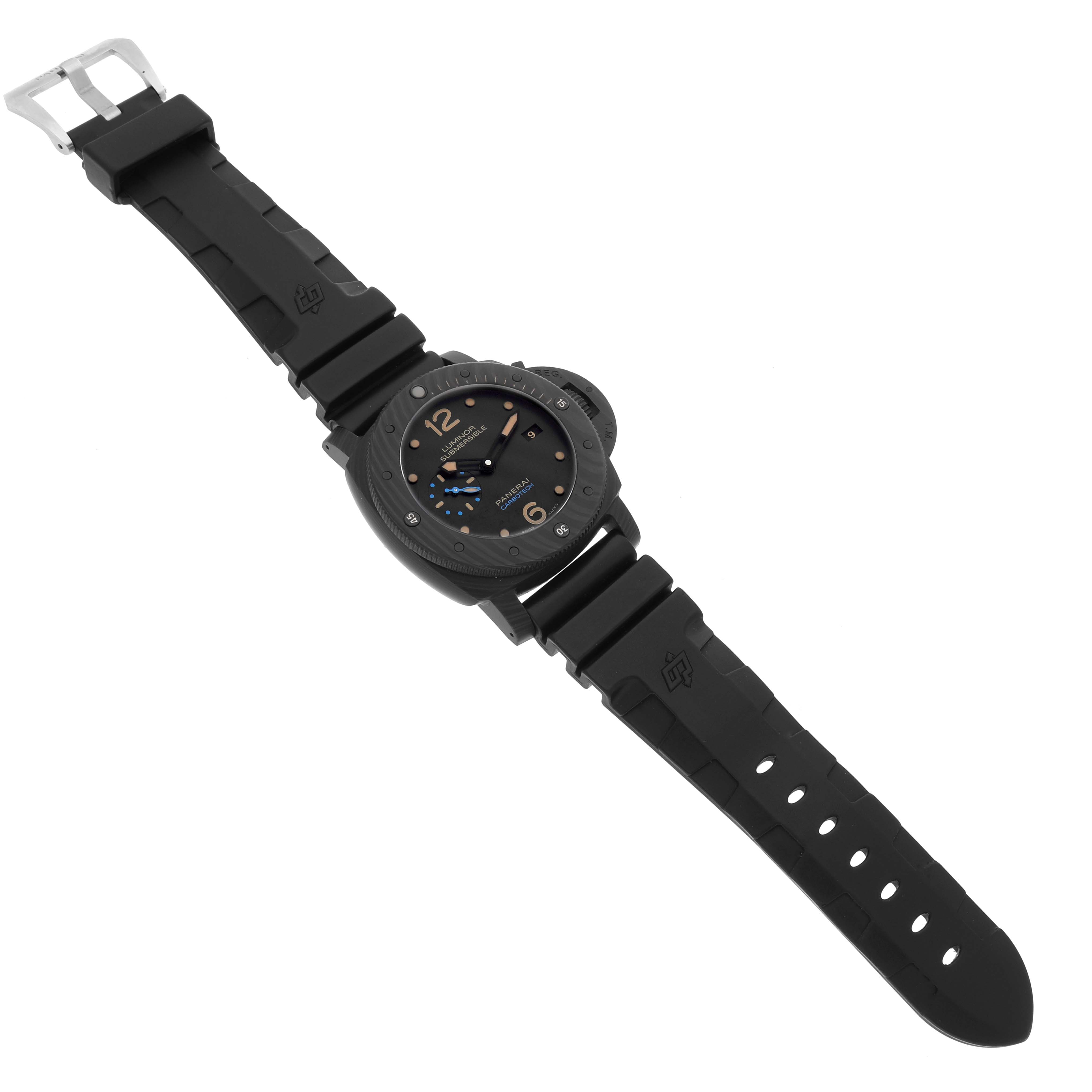 The image shows a Panerai Submersible PAM00616 Men's Stainless Steel Black Dial PAM00616 Men's Stainless Steel Black Dial watch from an overhead angle, highlighting the watch face, bezel, and rubber strap.