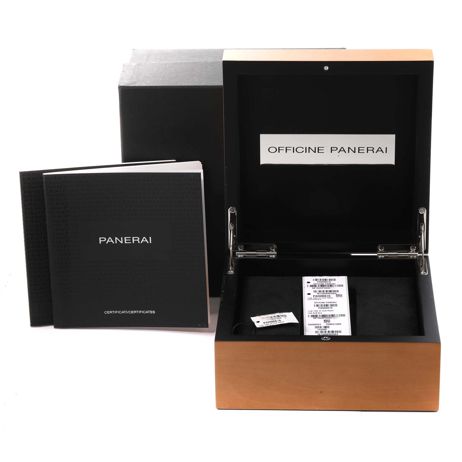 The image shows the open box, manuals, and tags for a Panerai Submersible PAM00616 Men's Stainless Steel Black Dial PAM00616 Men's Stainless Steel Black Dial watch.