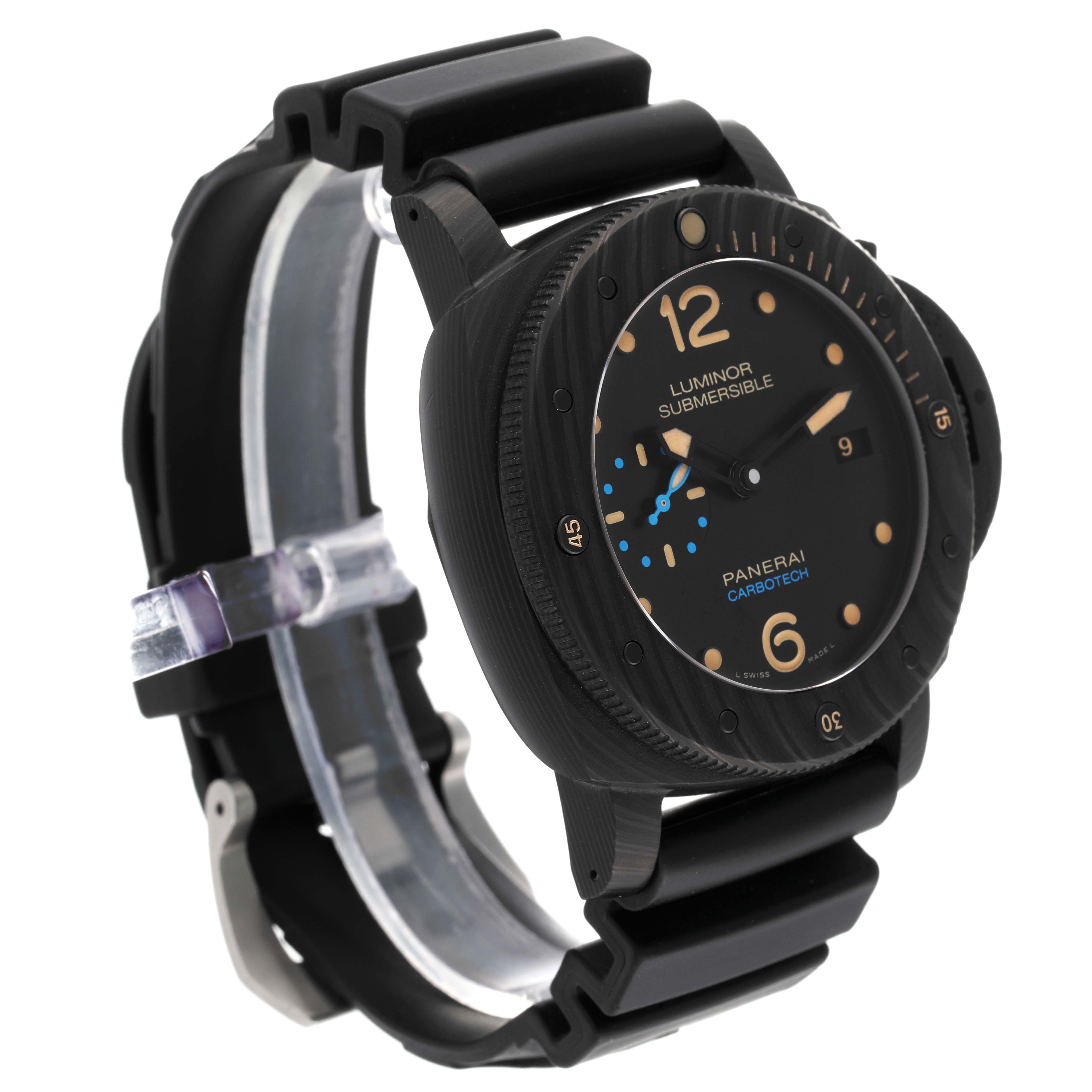 The Panerai Submersible PAM00616 Men's Stainless Steel Black Dial PAM00616 Men's Stainless Steel Black Dial watch is shown at an angle highlighting the face, bezel, and strap.