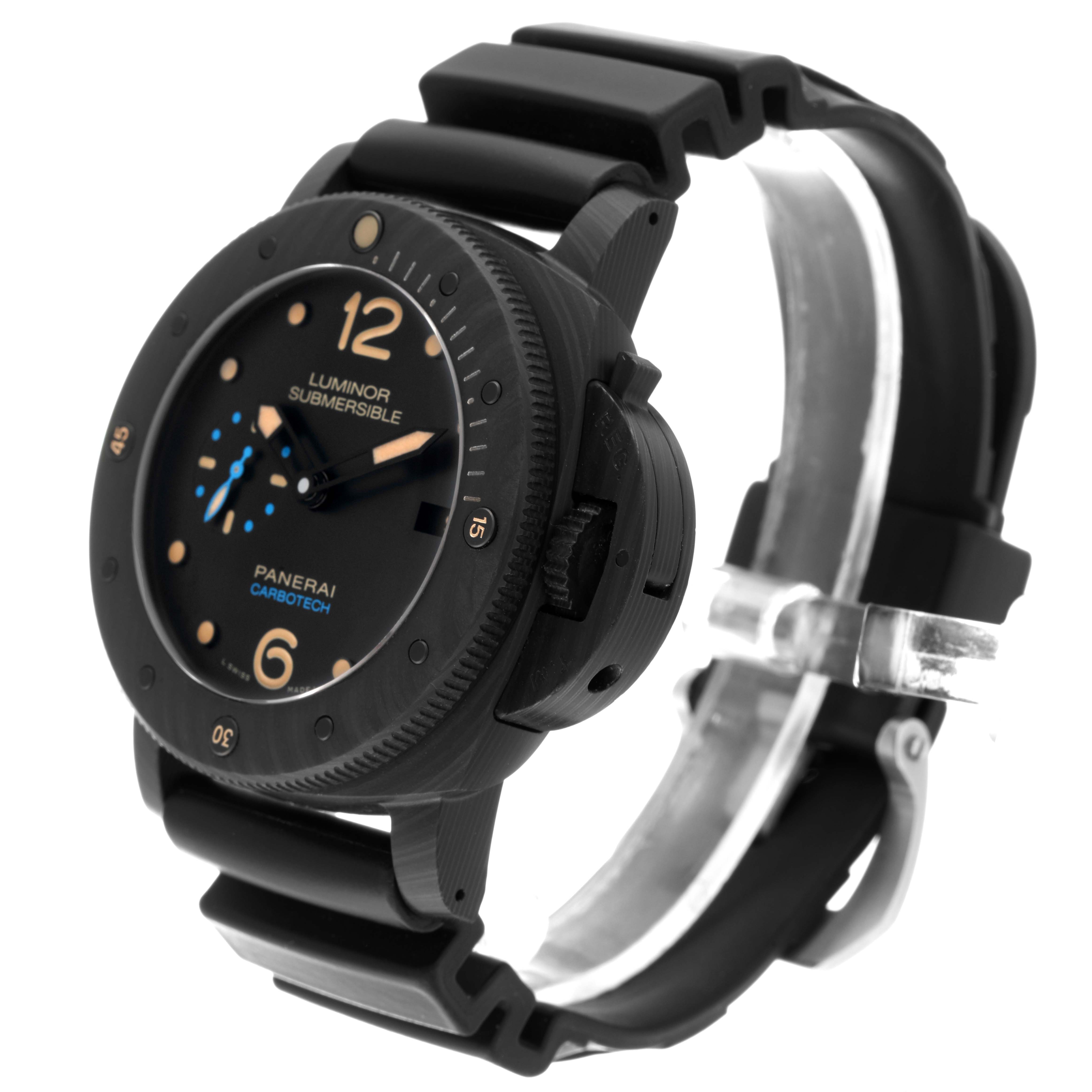 The Panerai Submersible PAM00616 Men's Stainless Steel Black Dial PAM00616 Men's Stainless Steel Black Dial is shown at a slight angle, displaying its face, bezel, and rubber strap.