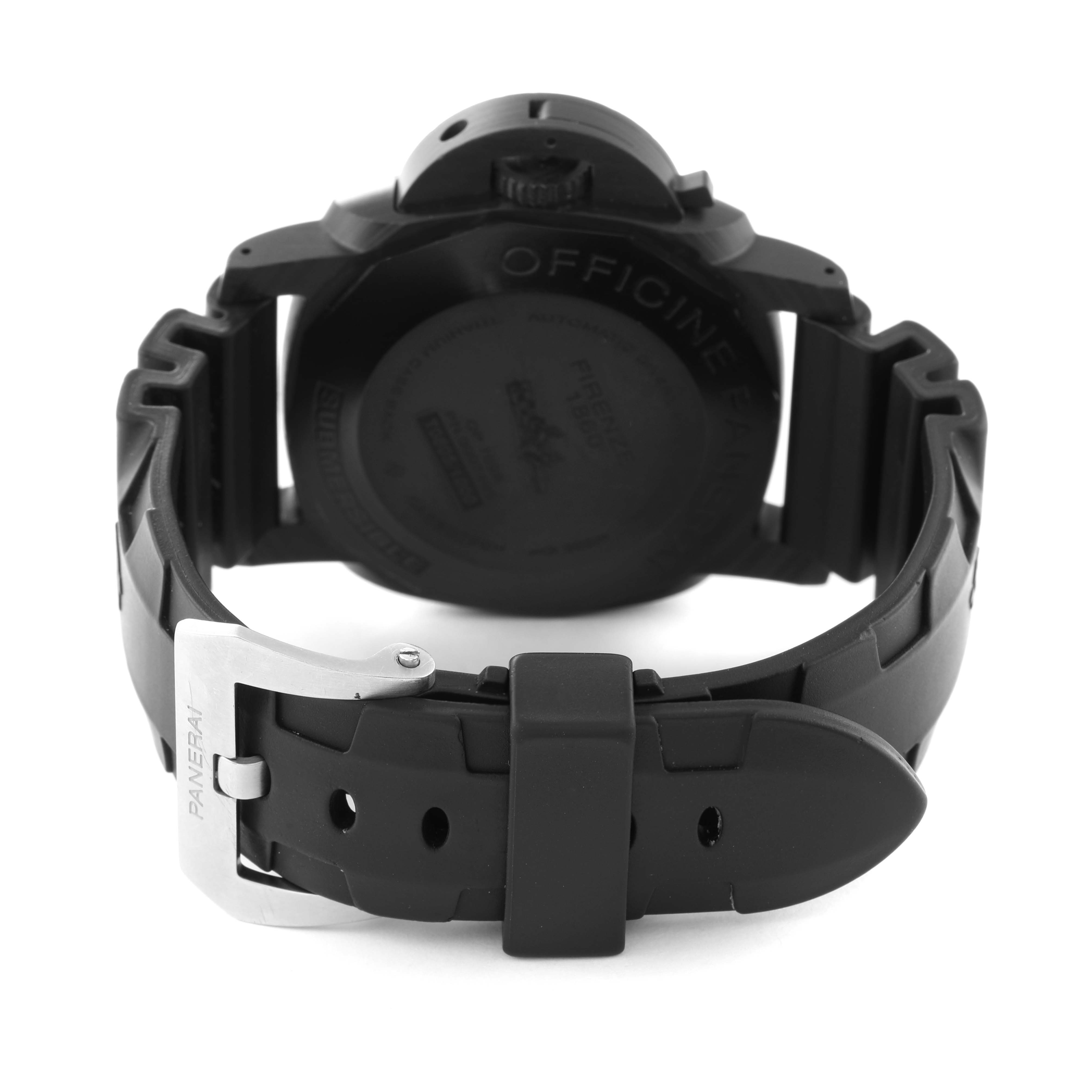This image shows the rear angle of a Panerai Submersible PAM00616 Men's Stainless Steel Black Dial PAM00616 Men's Stainless Steel Black Dial watch, highlighting the back case and the rubber strap with a buckle.