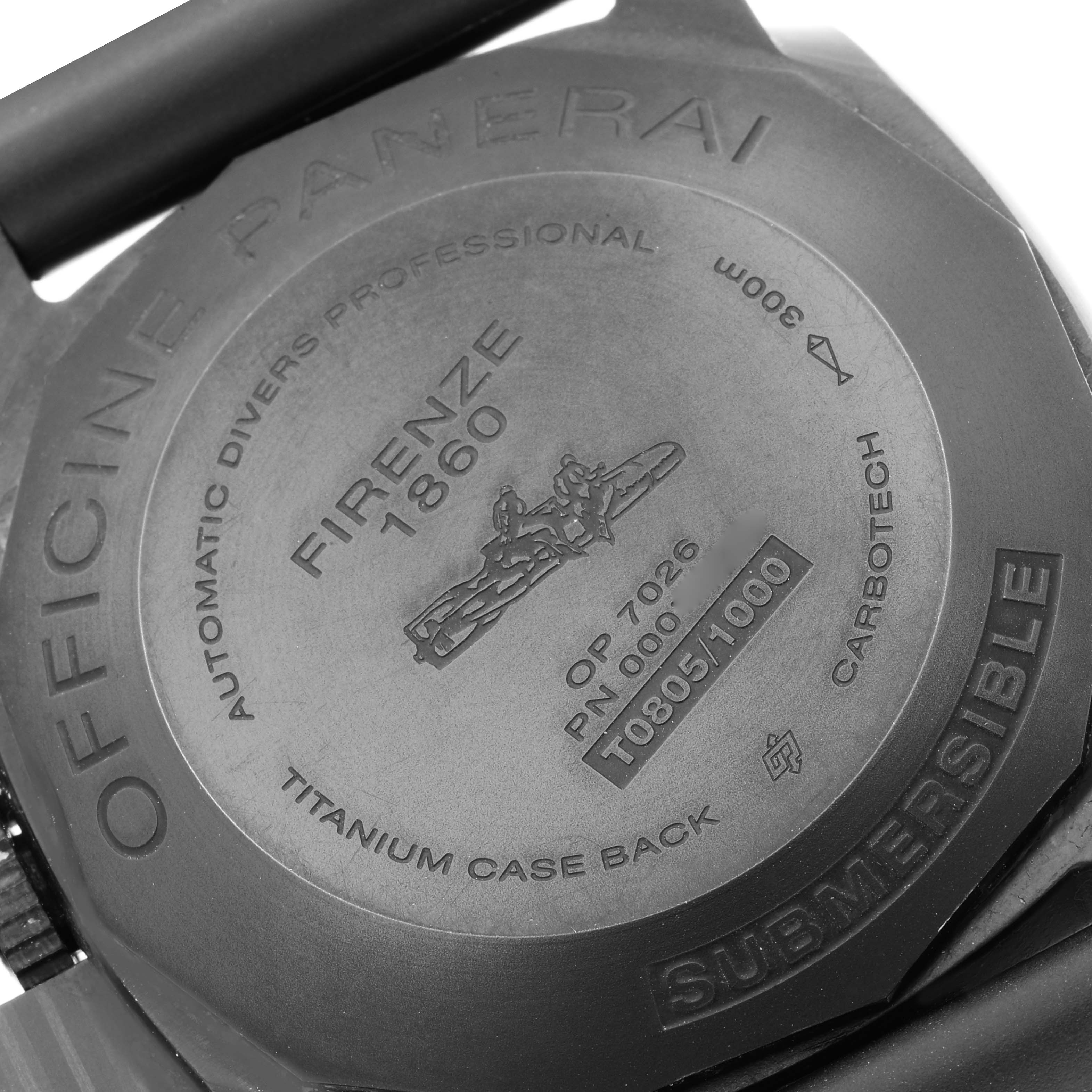 The image shows the back case of a Panerai Submersible PAM00616 Men's Stainless Steel Black Dial PAM00616 Men's Stainless Steel Black Dial watch, highlighting engravings and material details.