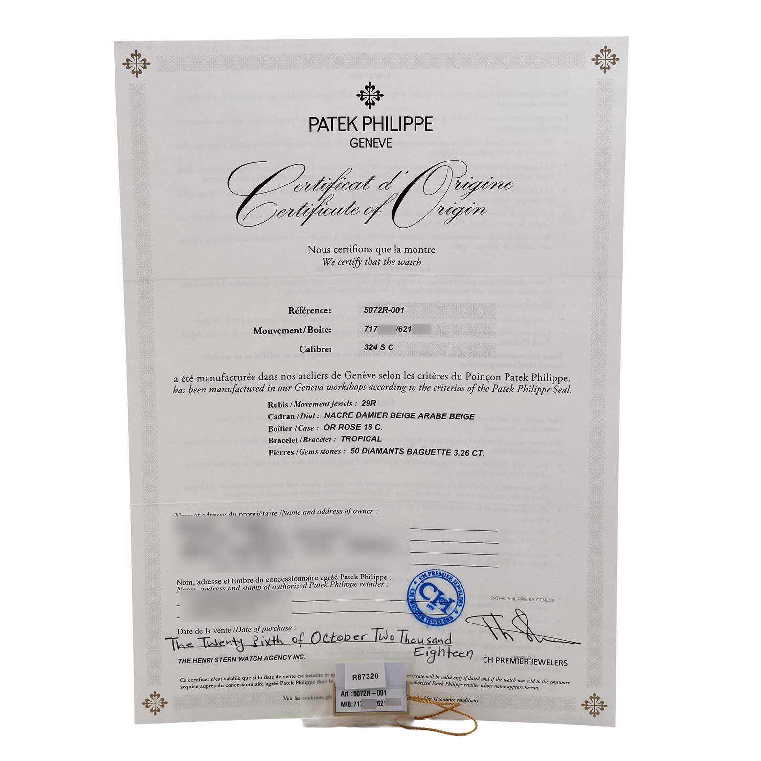 The image shows a Patek Philippe Aquanaut 5072R-001 Women's Rose Gold Mother of Pearl Dial certificate of origin, oriented upright with details about the watch's specifications.