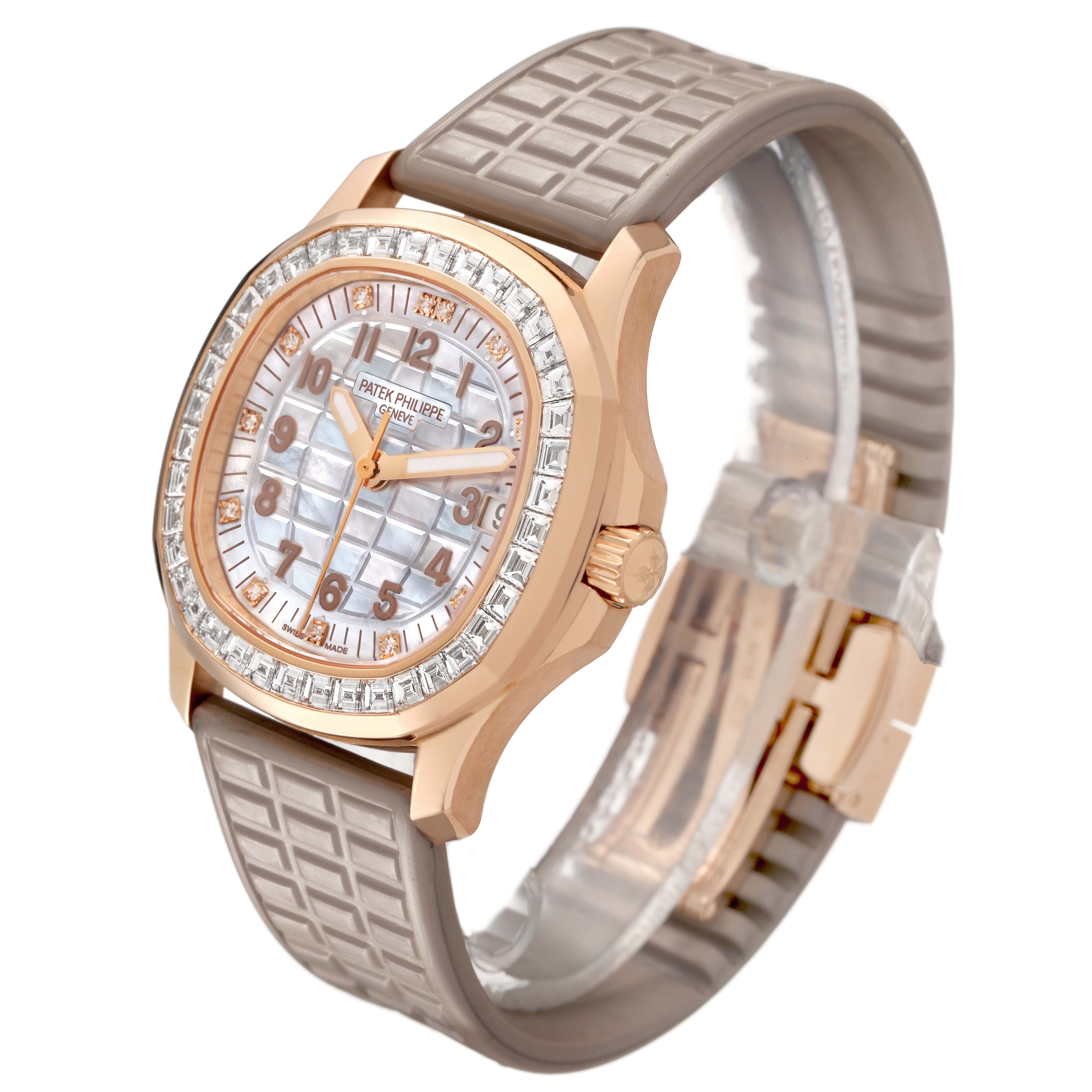 The image shows a side-angle view of a Patek Philippe Aquanaut 5072R-001 Women's Rose Gold Mother of Pearl Dial watch, highlighting its face, bezel, and textured strap.