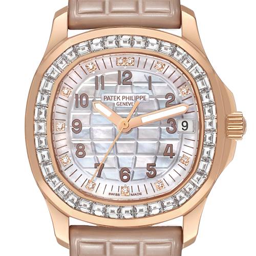 The Patek Philippe Aquanaut 5072R-001 Women's Rose Gold Mother of Pearl Dial watch is shown from a frontal angle, highlighting its face, bezel, hands, and crown.