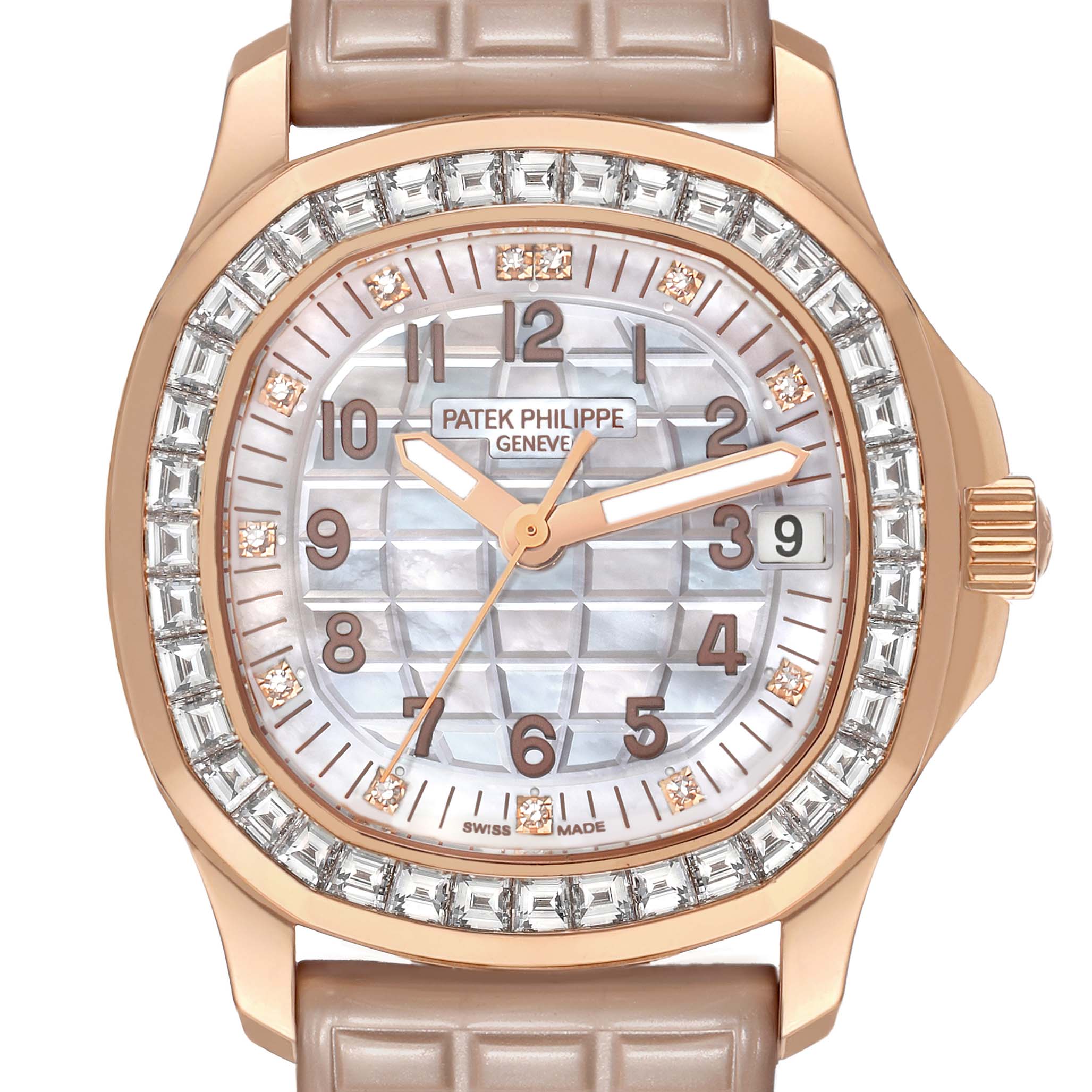The image shows a front view of a Patek Philippe Aquanaut 5072R-001 Women's Rose Gold Mother of Pearl Dial watch, highlighting its dial, bezel, and textured strap.