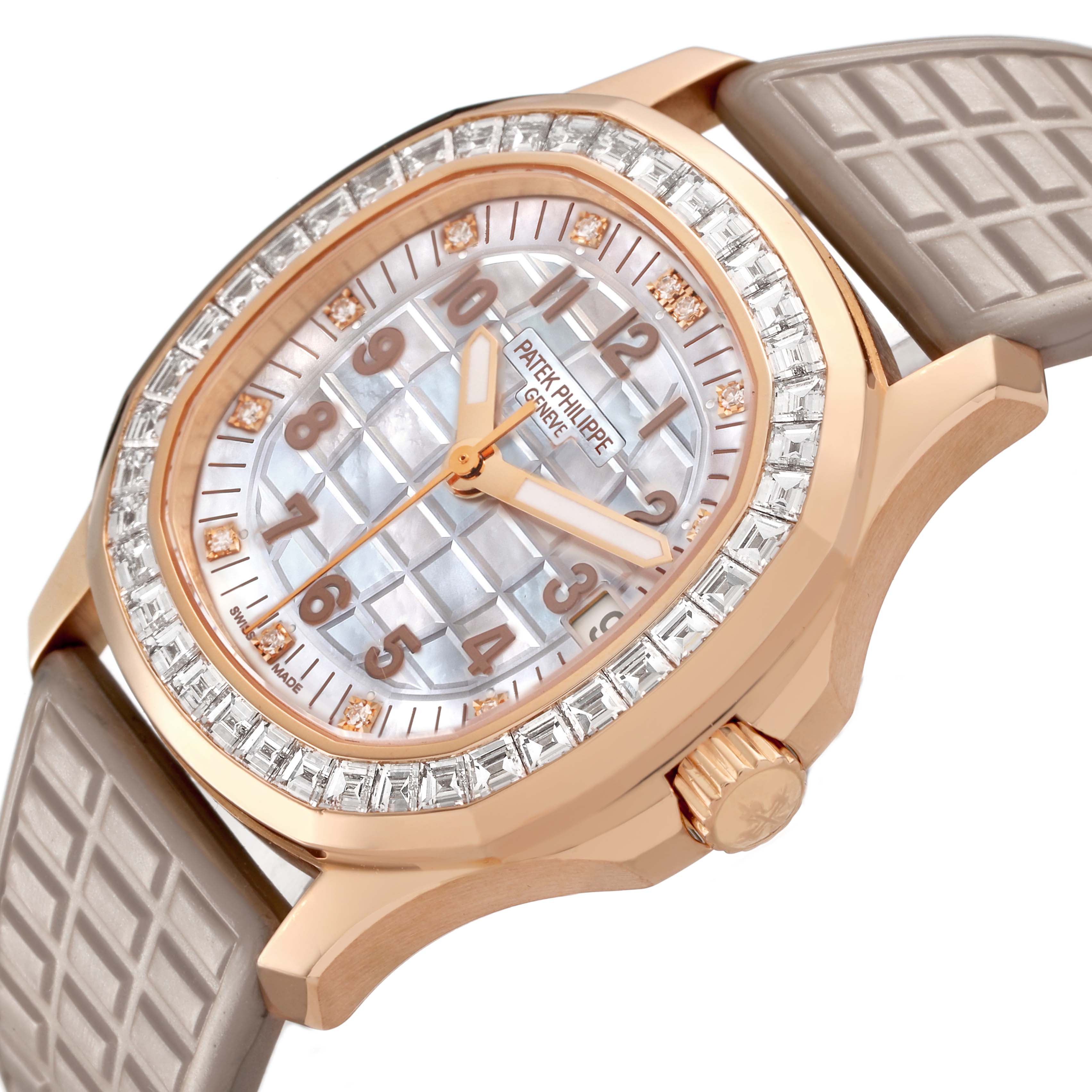 The Patek Philippe Aquanaut 5072R-001 Women's Rose Gold Mother of Pearl Dial watch is shown from a side angle, highlighting the bezel, dial, and strap.