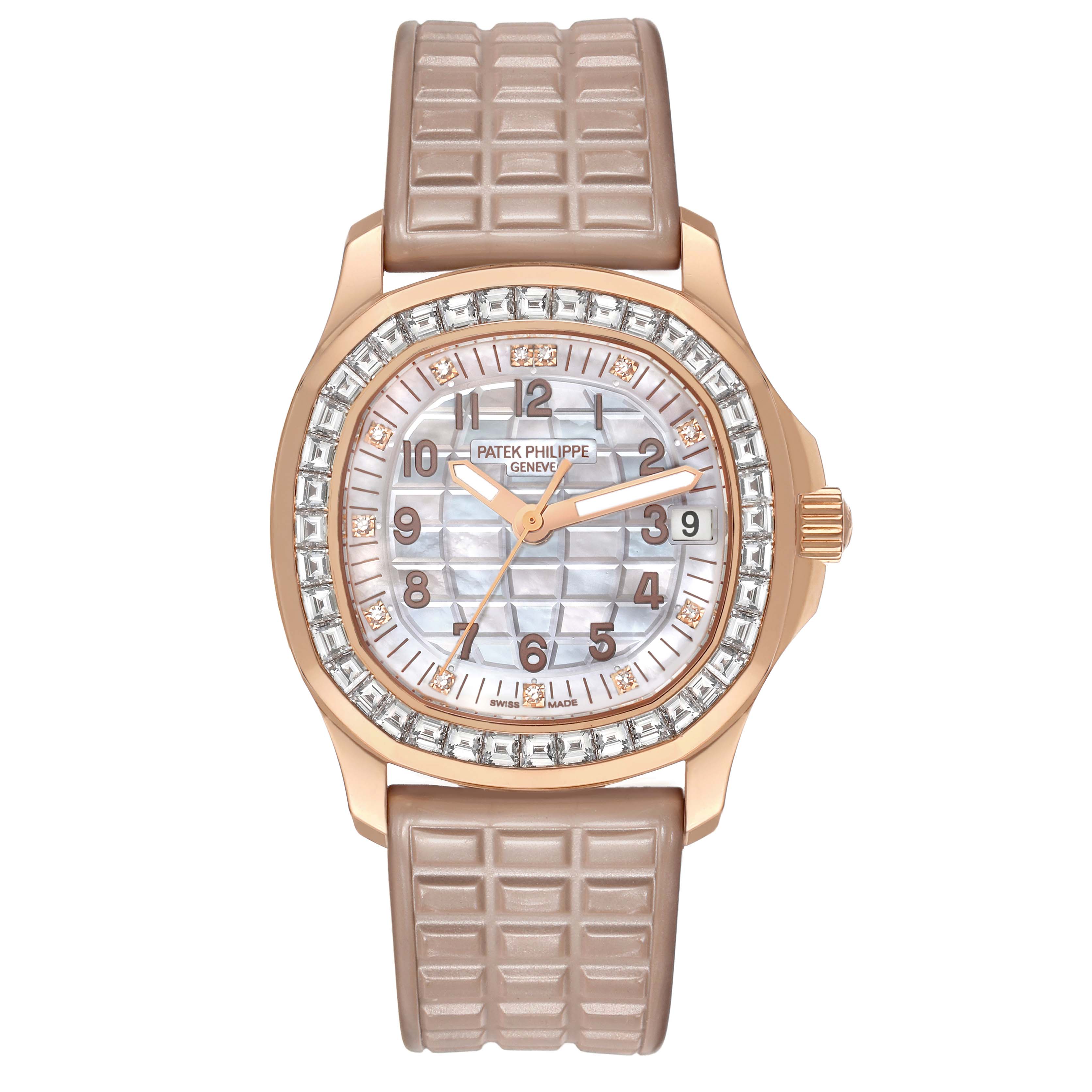 The Patek Philippe Aquanaut 5072R-001 Women's Rose Gold Mother of Pearl Dial watch is shown from a top-down angle, highlighting its dial, bezel, and strap.
