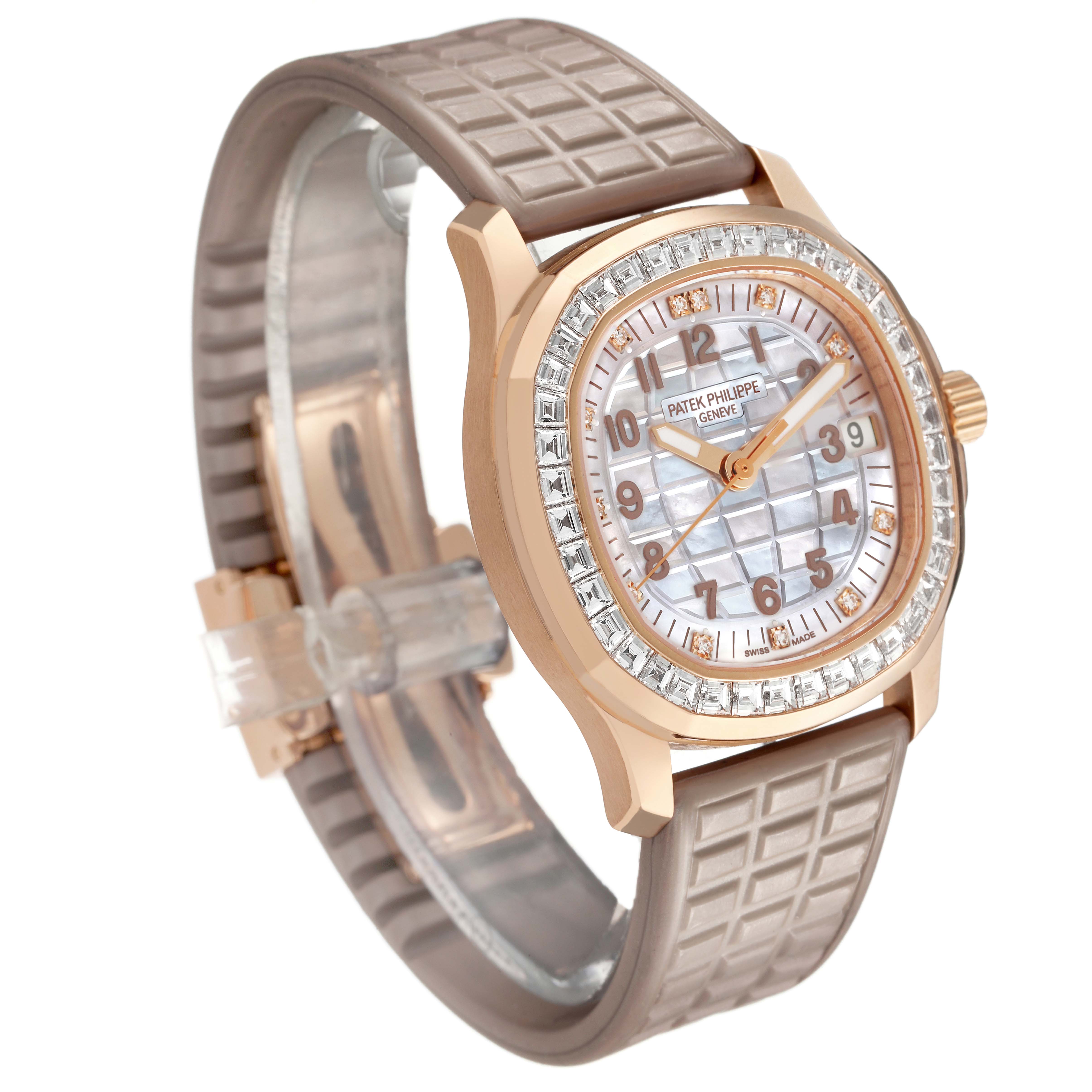 The Patek Philippe Aquanaut 5072R-001 Women's Rose Gold Mother of Pearl Dial watch is shown at a three-quarter angle, highlighting the face, bezel, and textured strap.
